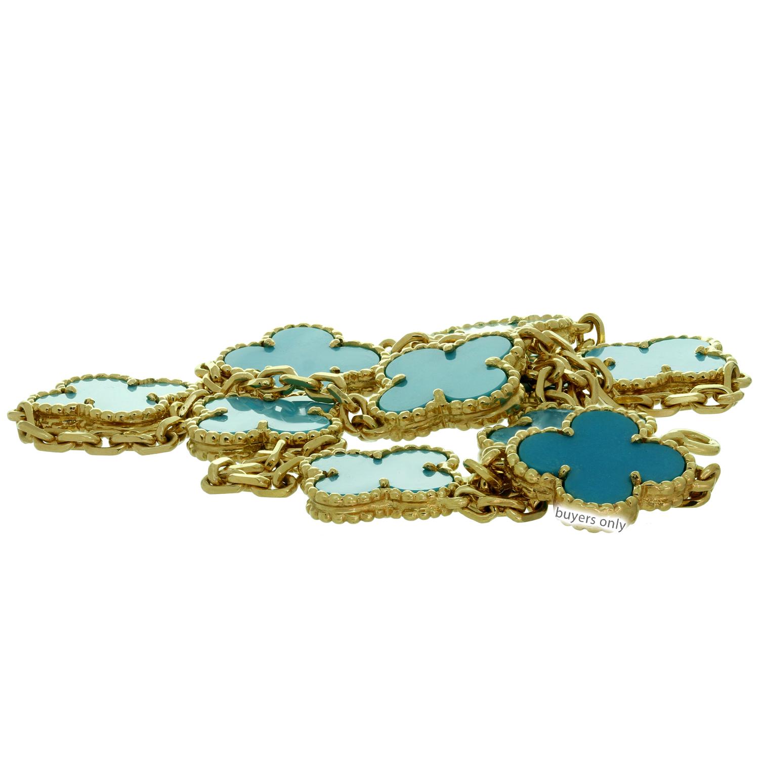 Women's Van Cleef & Arpels Vintage Alhambra Turquoise Yellow Gold 10 Motif Necklace