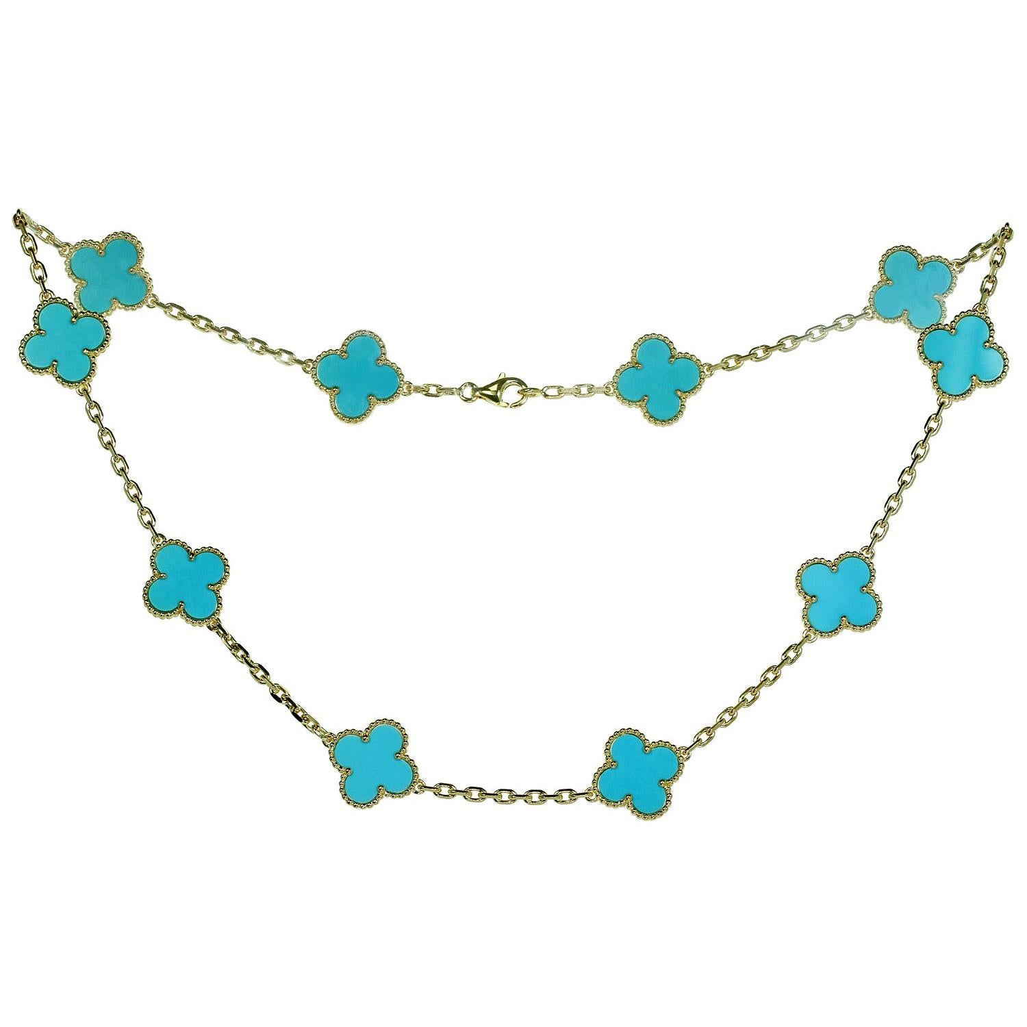 Van Cleef & Arpels Vintage Alhambra Turquoise Yellow Gold 10 Motif Necklace