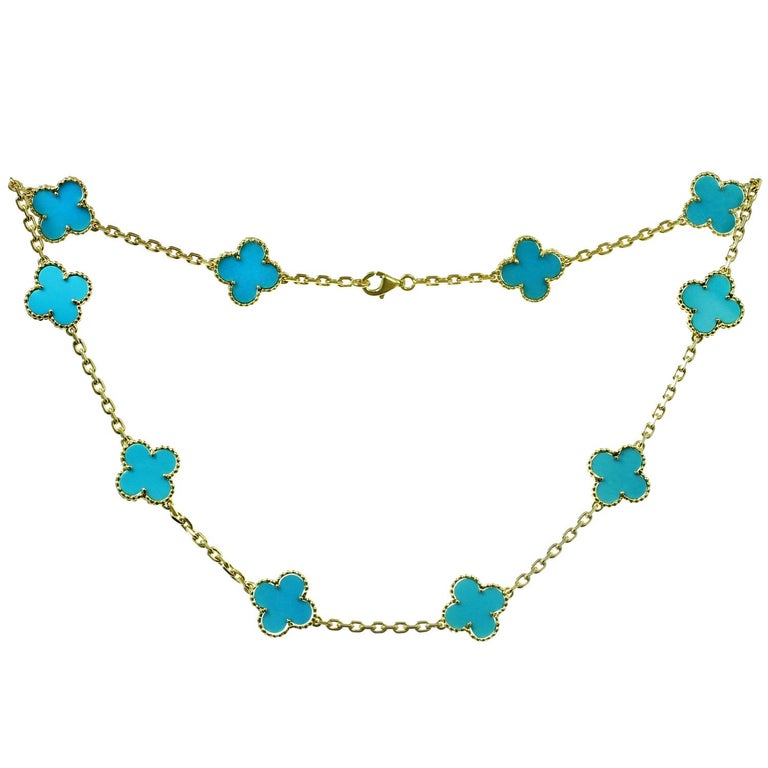 Van Cleef and Arpels Vintage Alhambra Turquoise Yellow Gold 10 Motif  Necklace For Sale at 1stDibs | van cleef and arpels turquoise alhambra  necklace, van cleef blue necklace, van cleef turquoise alhambra necklace