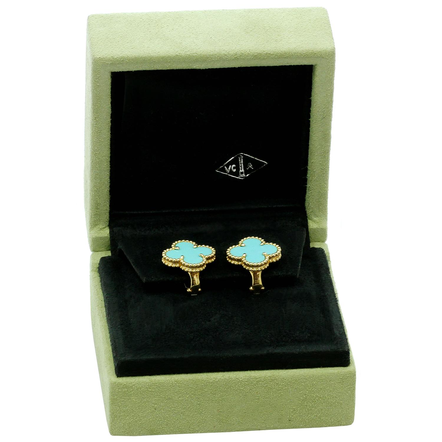 These elegant Van Cleef & Arpels earrings from the Vintage Alhambra collection are crafted in 18k yellow gold and feature a pair of lucky clover motifs inlaid with turquoise in round bead settings. Made in France circa 2000s. Measurements: 0.59