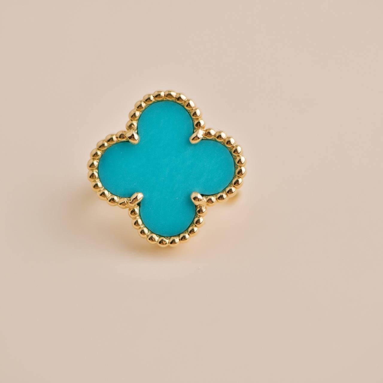 Uncut Van Cleef & Arpels Vintage Alhambra Turquoise Yellow Gold Earrings