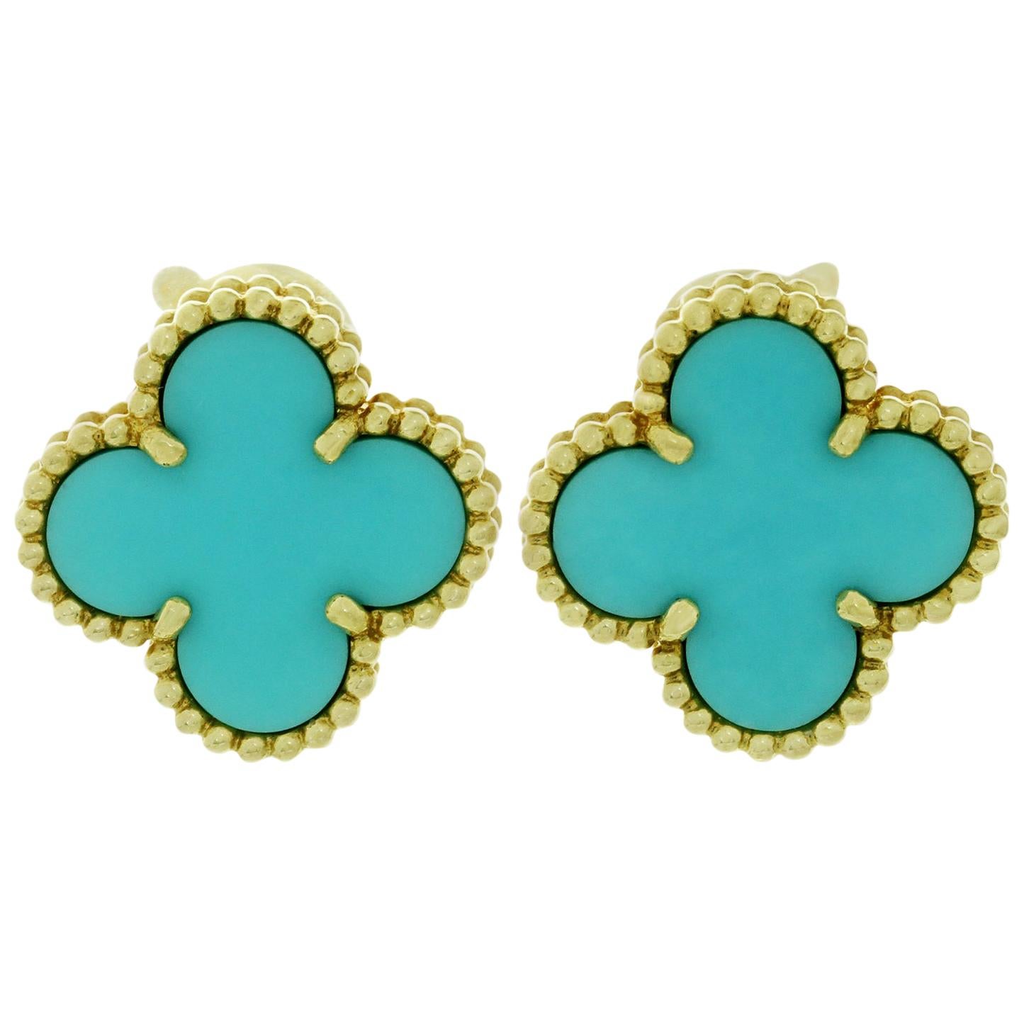 Van Cleef & Arpels Vintage Alhambra Turquoise Yellow Gold Earrings