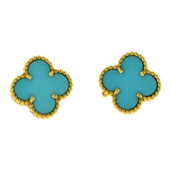 Van Cleef & Arpels Vintage Alhambra Turquoise Yellow Gold Earrings, Rare