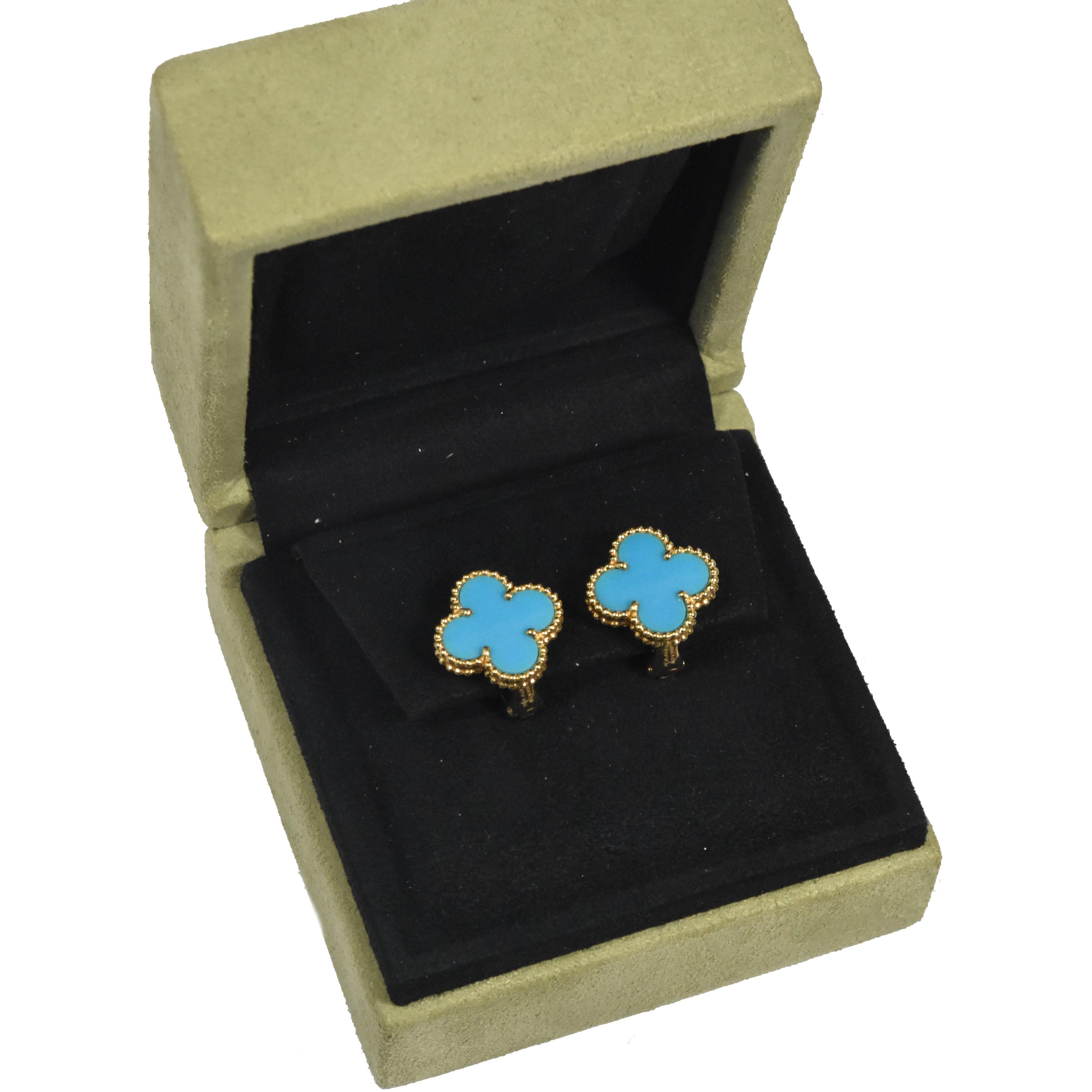 Designer: Van Cleef & Arpels

Collection: Vintage Alhambra

Style: 1 Motif Studs

Stones: Turquoise

Metal Type: Yellow Gold

Metal Purity: 18k

Total Item Weight (grams): 8.0

Earring Dimensions: 12.87 mm x 14.82 mm

Closure: Omega Post Backs