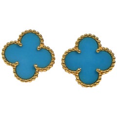 Van Cleef & Arpels Vintage Alhambra Turquoise Yellow Gold Earrings, Very Rare
