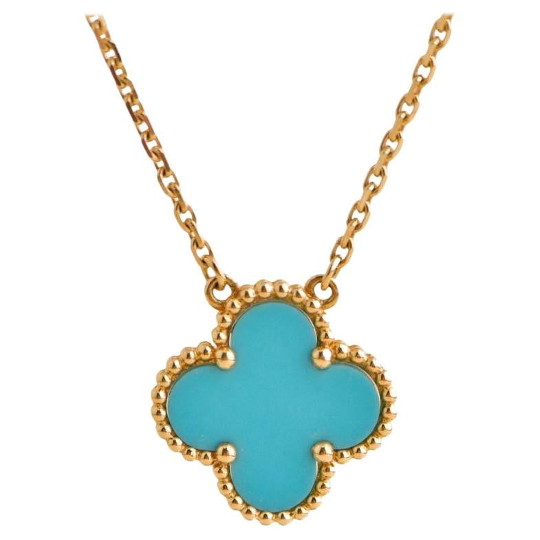 Van Cleef & Arpels Vintage Alhambra Turquoise Yellow Gold Pendant Necklace