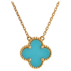 Van Cleef & Arpels Vintage Alhambra Turquoise Yellow Gold Pendant Necklace