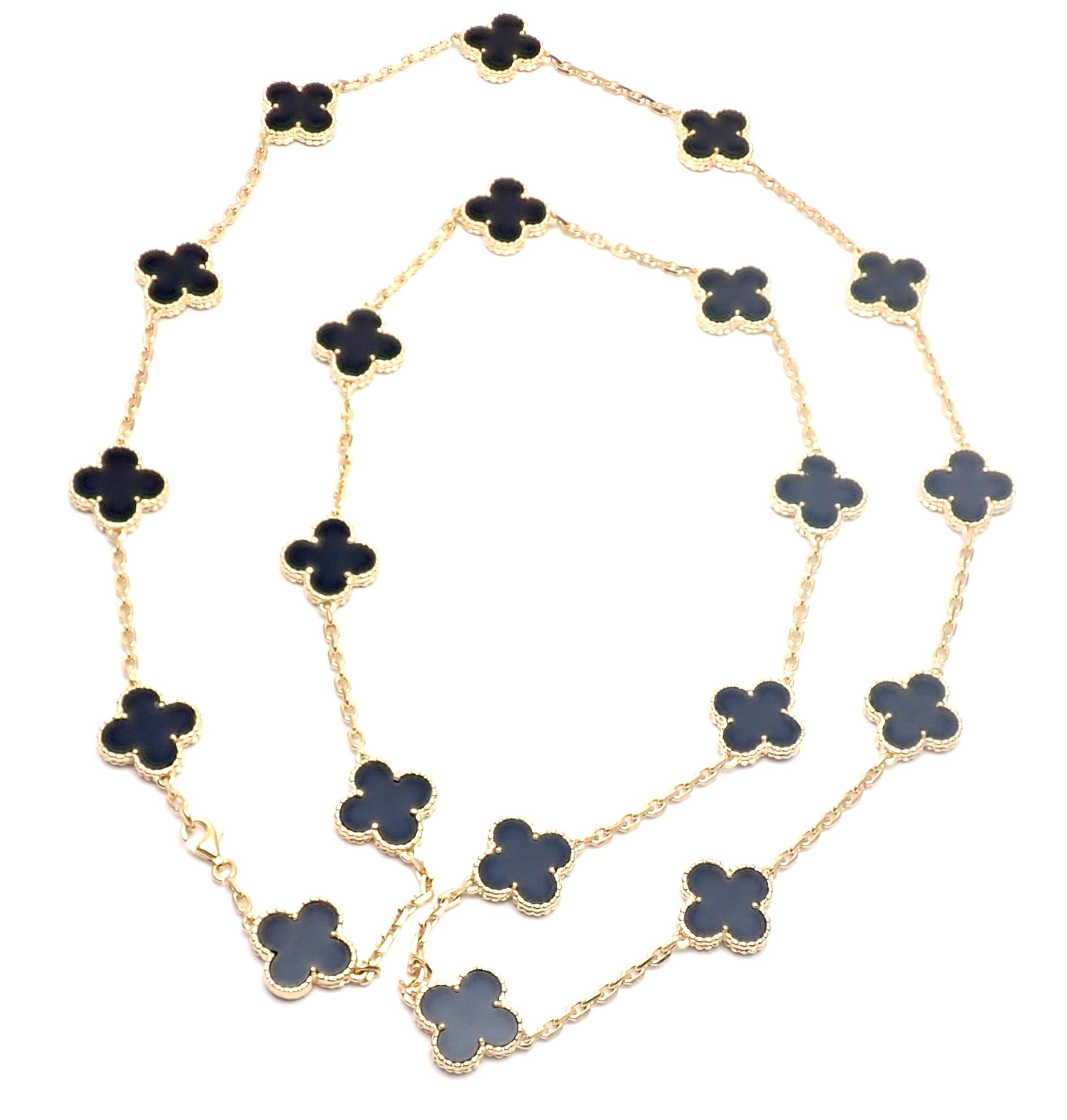 18k Yellow Gold Alhambra Twenty-Motif Black Onyx Necklace by  Van Cleef & Arpels, 
with 20 motifs of black onyx Alhambra stones, 15mm each.
This necklace comes with Van Cleef & Arpels service paper from a store in Japan 
and a VCA box.  
Details: