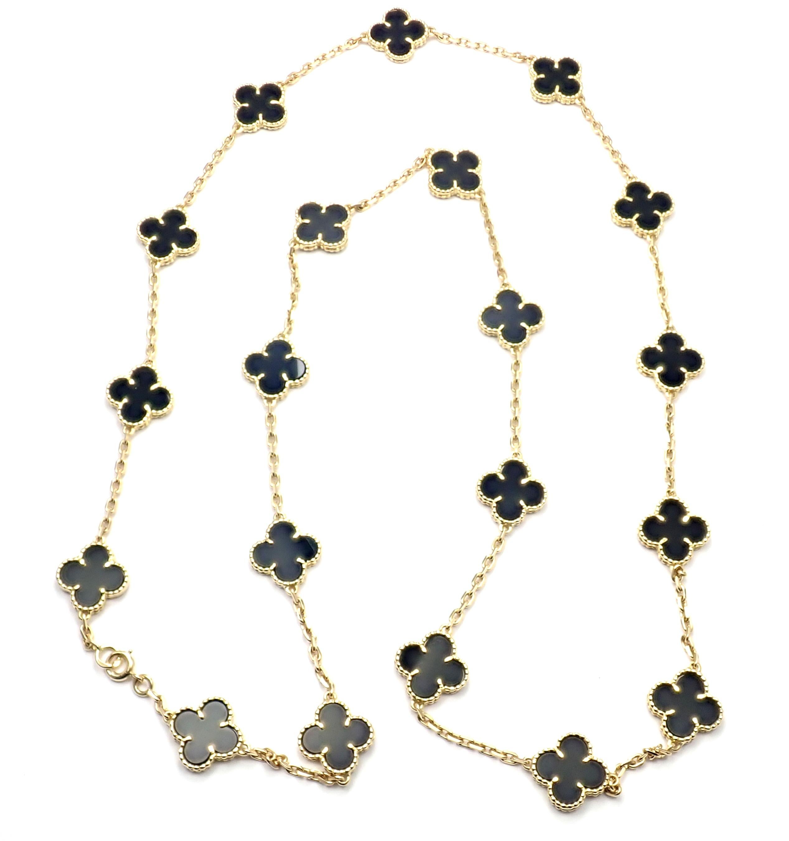 18k Yellow Gold Alhambra Twenty-Motif Black Onyx Necklace by  Van Cleef & Arpels. 
With 20 motifs of black onyx Alhambra stones, 15mm each.  
Details: 
Length: 32