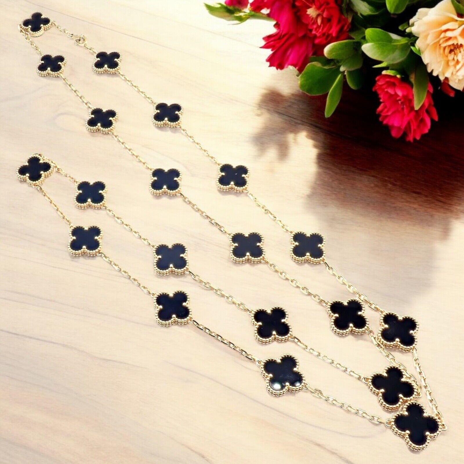 18k Yellow Gold Alhambra Twenty-Motif Black Onyx Necklace by  Van Cleef & Arpels. 
The Van Cleef & Arpels 18k Gold 20 Motif Black Onyx Alhambra Necklace features twenty iconic quatrefoil motifs, inlaid with deep black onyx. 
Crafted in luxurious 18k