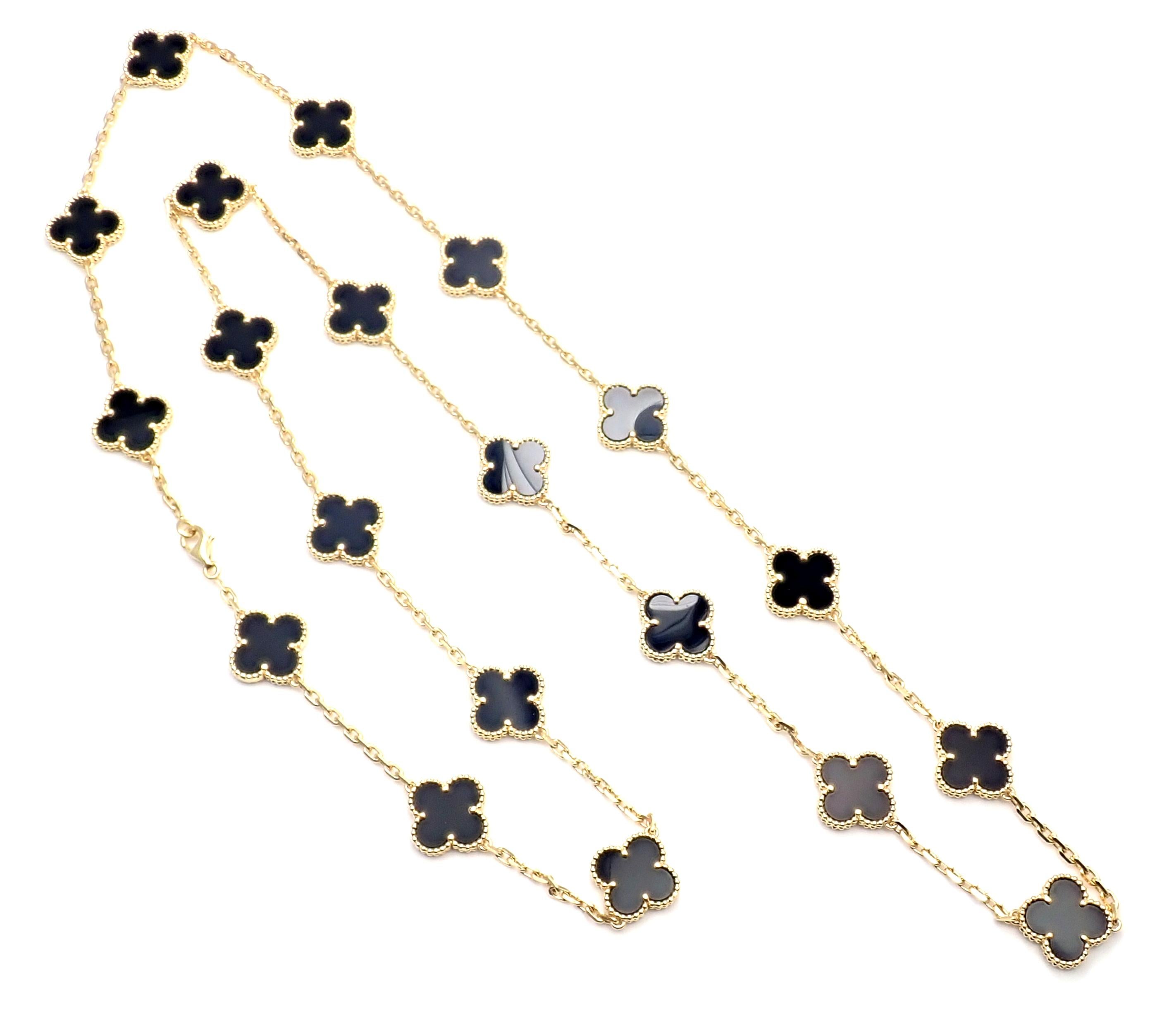 18k Yellow Gold Alhambra Twenty-Motif Black Onyx Necklace by  Van Cleef & Arpels,
with 20 motifs of black onyx Alhambra stones, 15mm each.  
Details: 
Length: 34