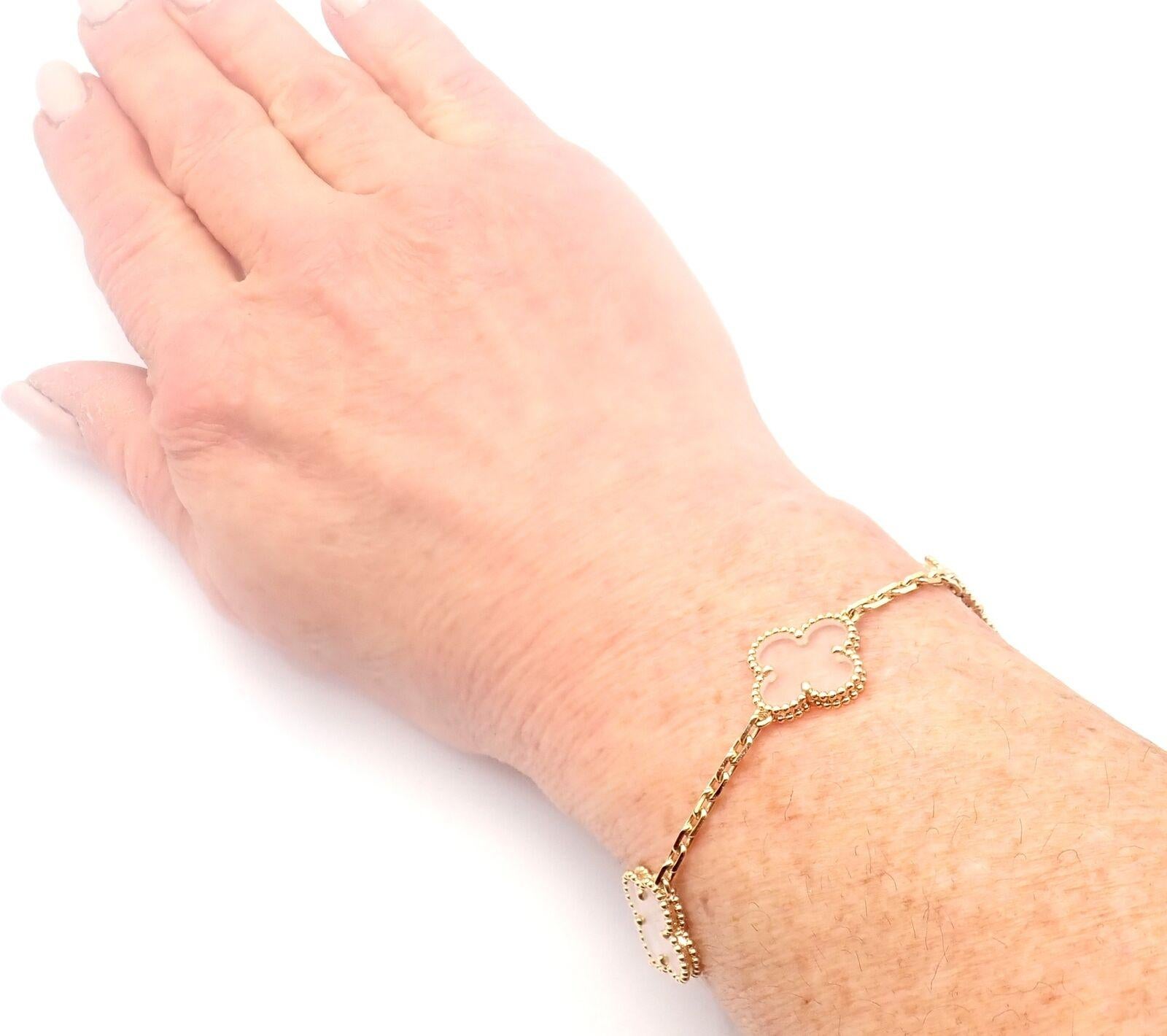 Van Cleef & Arpels Vintage Alhambra Five Motif Rock Crystal Gold Bracelet 8