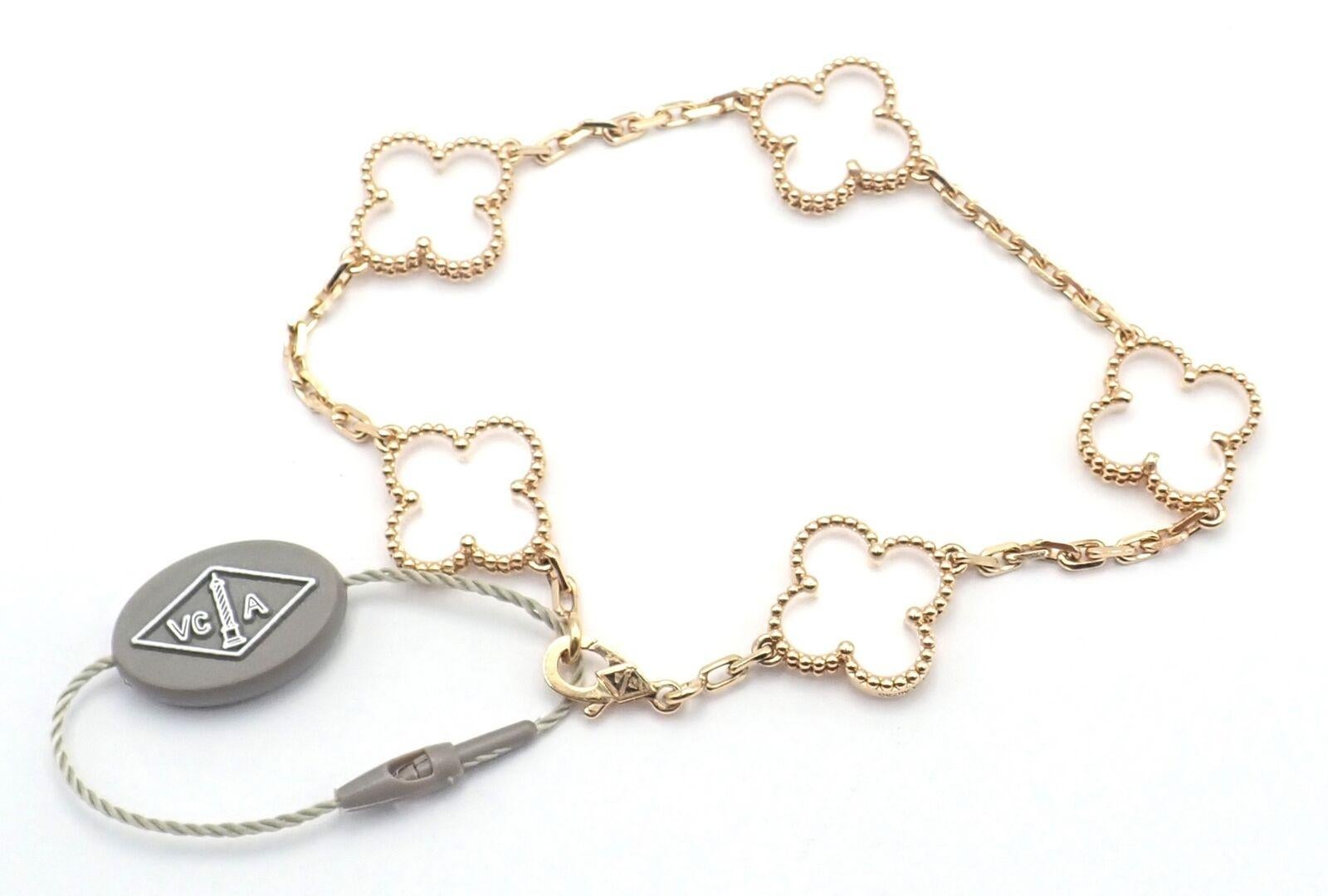 18k Yellow Gold Alhambra Five-Motif Rock Crystal. Bracelet by  Van Cleef & Arpels. 
Exquisitely crafted, the Van Cleef & Arpels 18k Yellow Gold 5 Motif Alhambra Rock Crystal Bracelet exemplifies timeless elegance. 
Each clover-shaped station