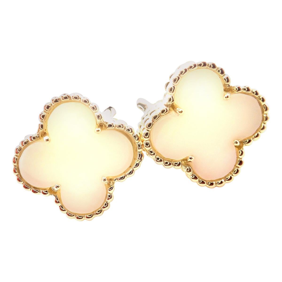 Van Cleef & Arpels Vintage Alhambra White Coral Yellow Gold Earrings For Sale