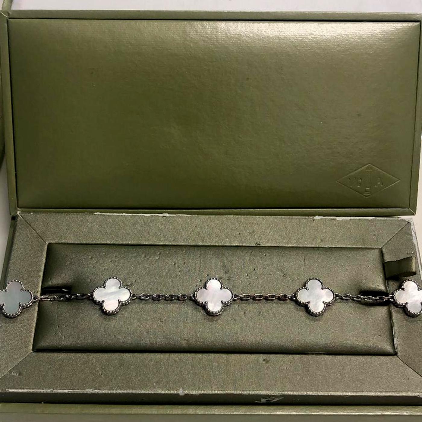 Van Cleef & Arpels Vintage Alhambra White Gold 5 Motifs Pearl Crystal Bracelet 1