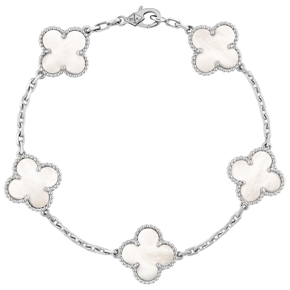 Van Cleef & Arpels Vintage Alhambra White Gold 5 Motifs Pearl Crystal Bracelet