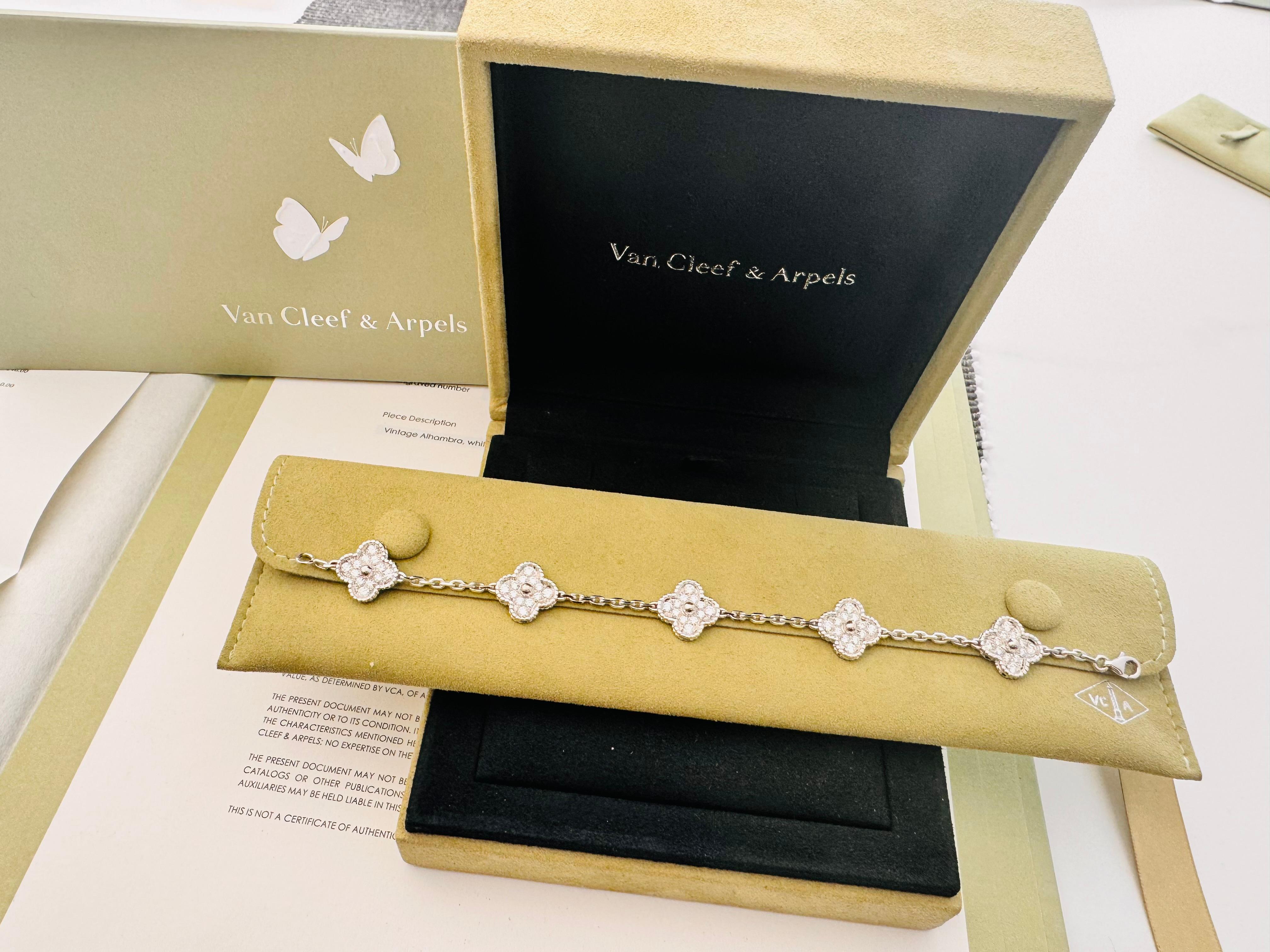 Van Cleef & Arpel’s Vintage Alhambra white gold and diamond bracelet, 5 motifs