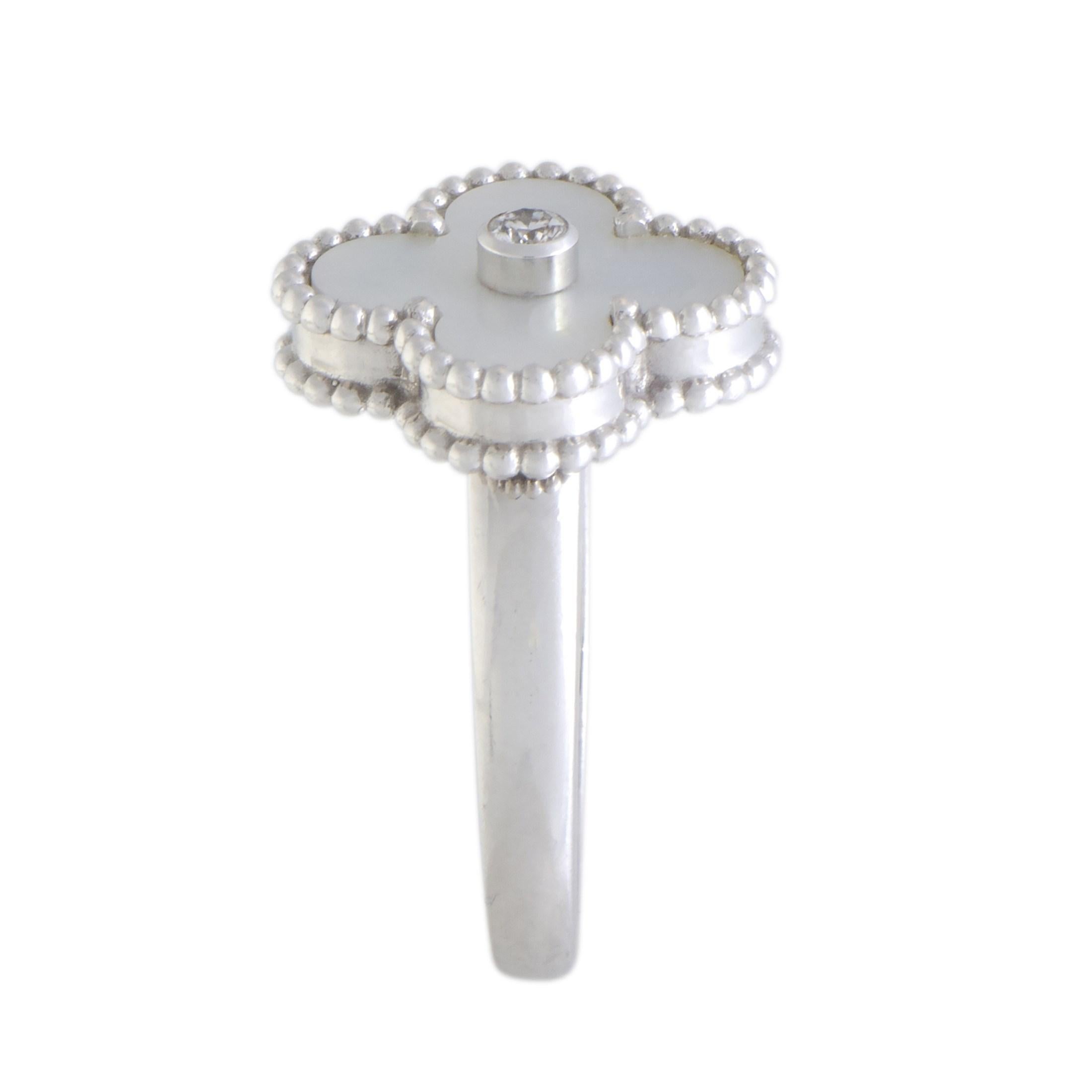Round Cut Van Cleef & Arpels Vintage Alhambra White Gold Diamond and Mother of Pearl Ring