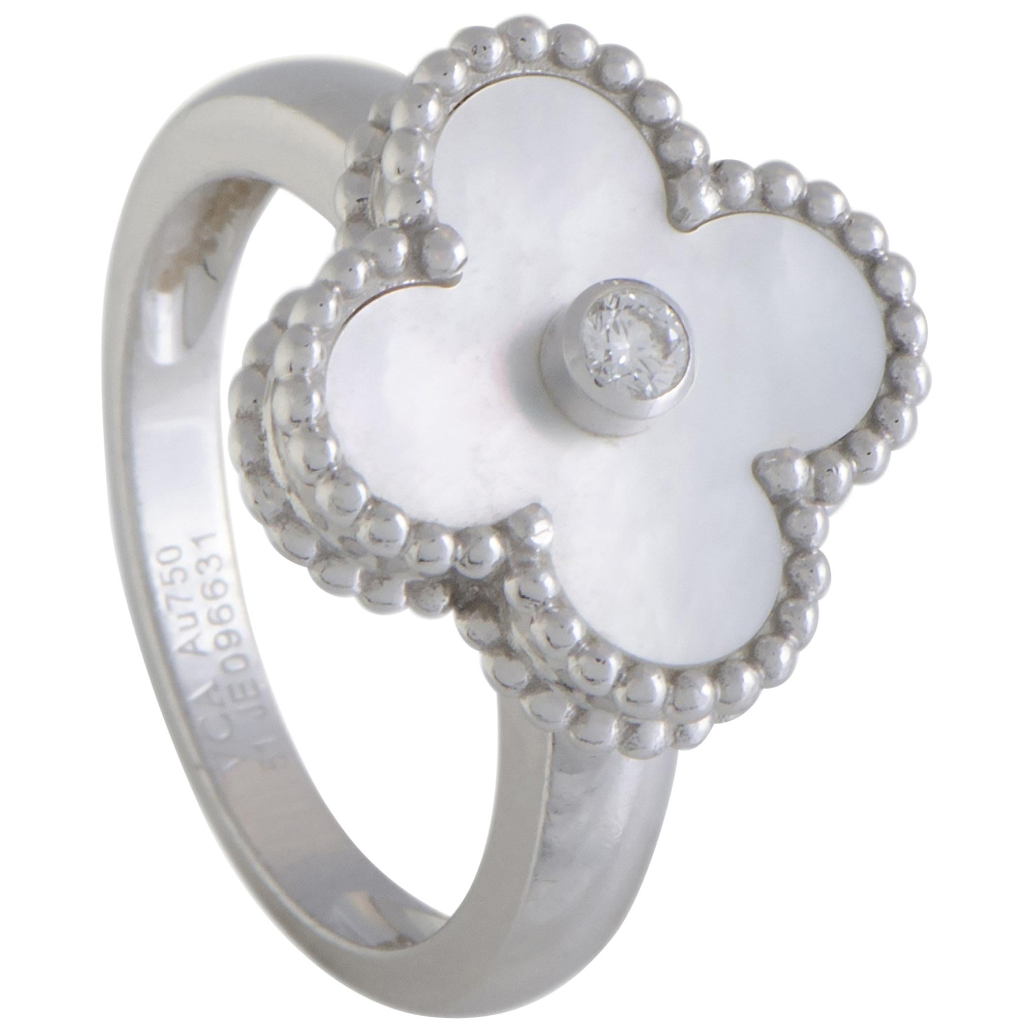 Van Cleef & Arpels Vintage Alhambra White Gold Diamond and Mother of Pearl Ring