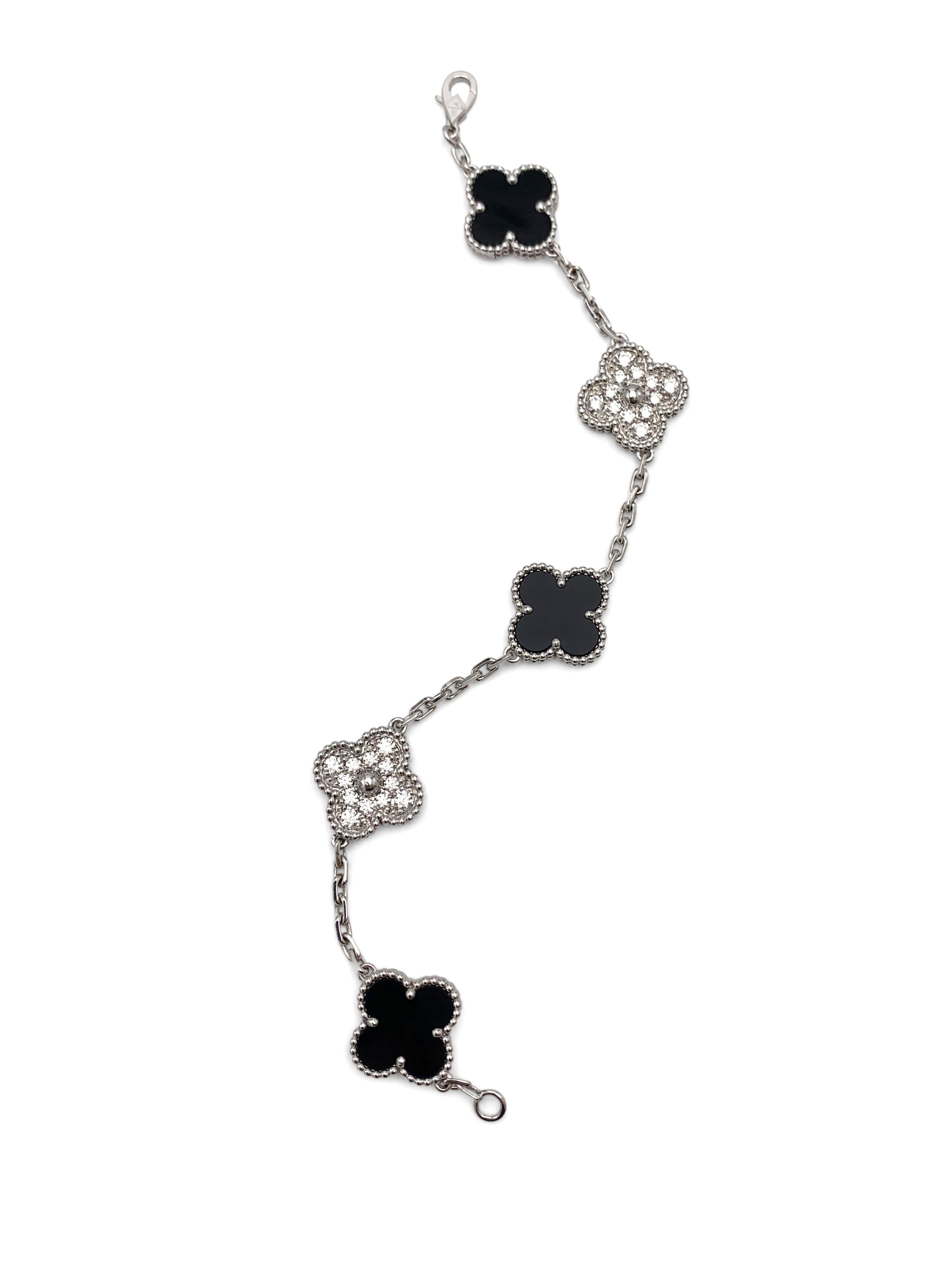 Round Cut Van Cleef & Arpels 'Vintage Alhambra' White Gold Diamond Onyx Bracelet