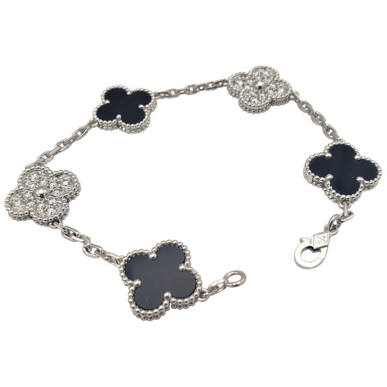 Van Cleef And Arpels Vintage Alhambra White Gold Diamond Onyx Bracelet For Sale At 1stdibs
