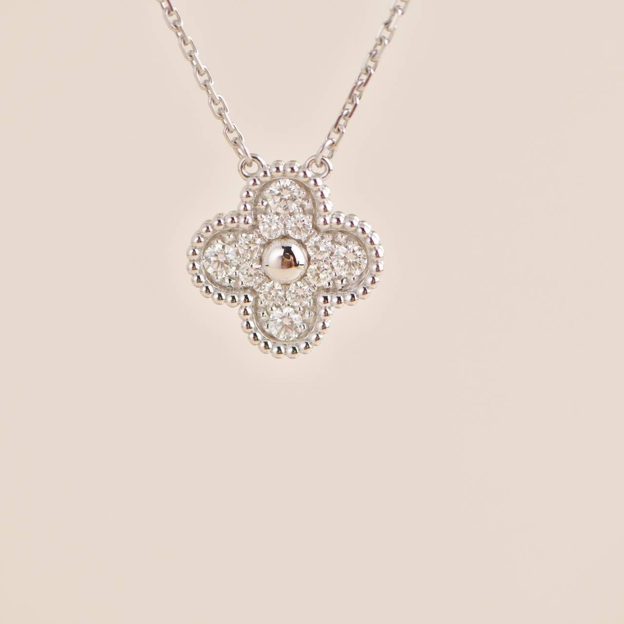 Brilliant Cut Van Cleef & Arpels Vintage Alhambra White Gold Diamond Paved Pendant Necklace