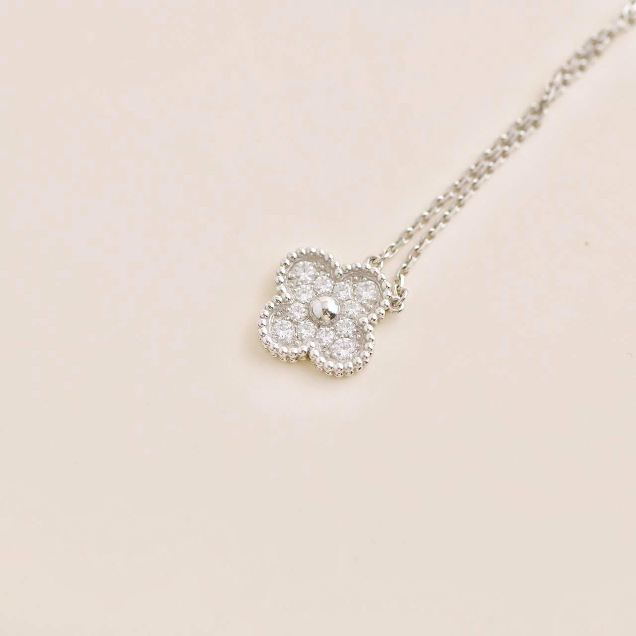 Van Cleef & Arpels Vintage Alhambra White Gold Diamond Paved Pendant Necklace In Excellent Condition For Sale In Banbury, GB