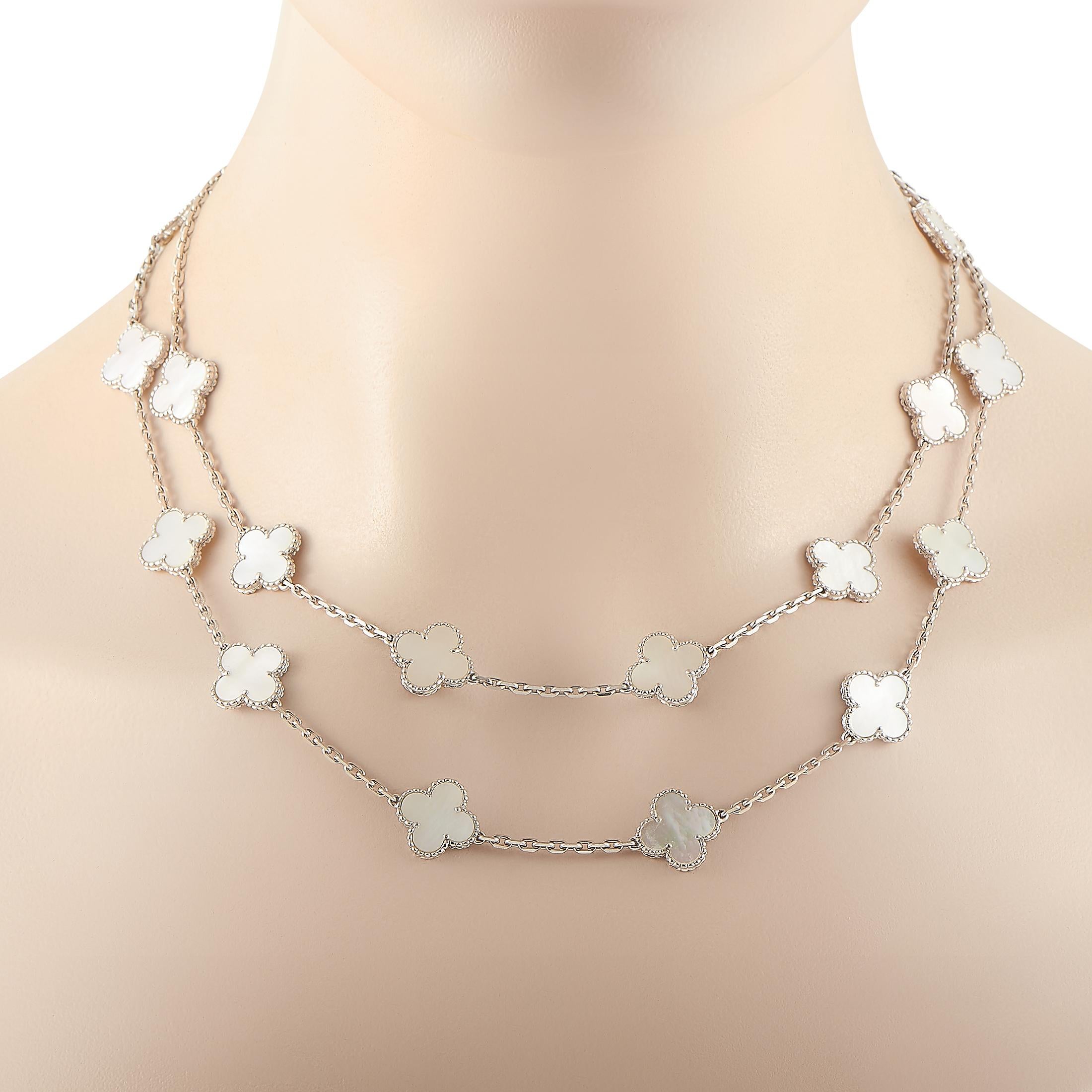 The Van Cleef & Arpels “Vintage Alhambra” necklace with 20 clover leaf motifs is made out of 18K white gold and mother of pearl. The necklace weighs 47 grams and measures 38” in length.

This jewelry piece is offered in estate condition and includes