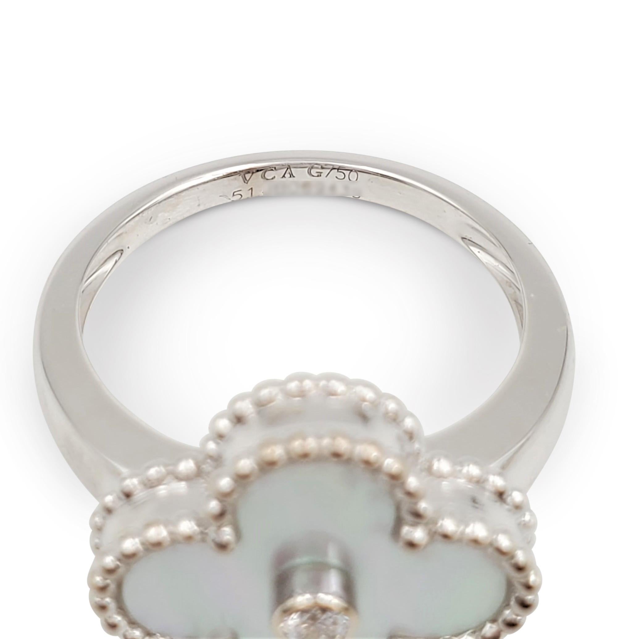 Round Cut Van Cleef & Arpels 'Vintage Alhambra' White Gold Mother of Pearl Diamond Ring