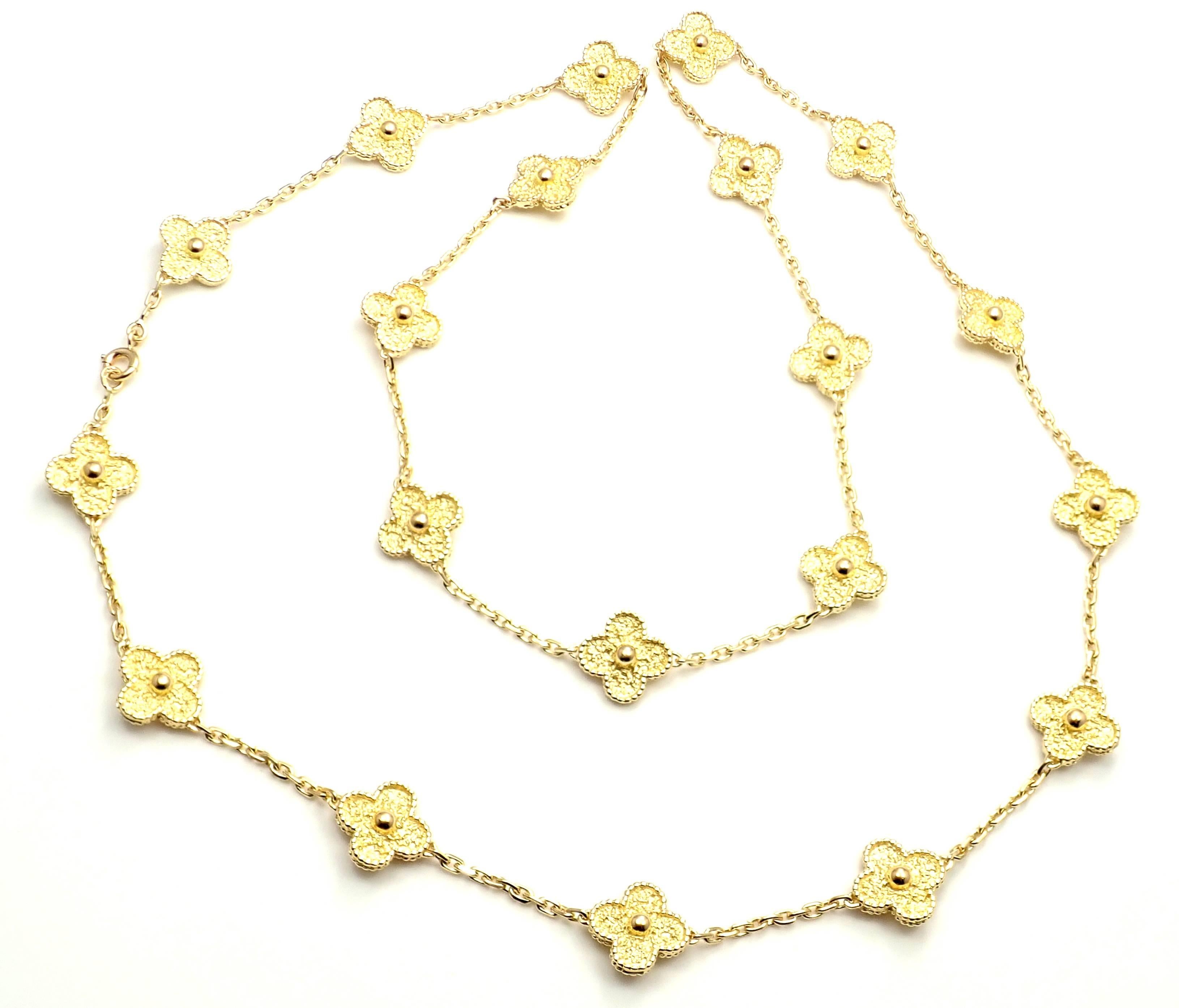 18k Yellow Gold Alhambra 20 Motif Necklace by Van Cleef & Arpels. 
With 20 motifs of 18k yellow gold alhambras 15mm each.
This necklace comes with VCA box and VCA service paper.
Details: 
Length: 31.5
