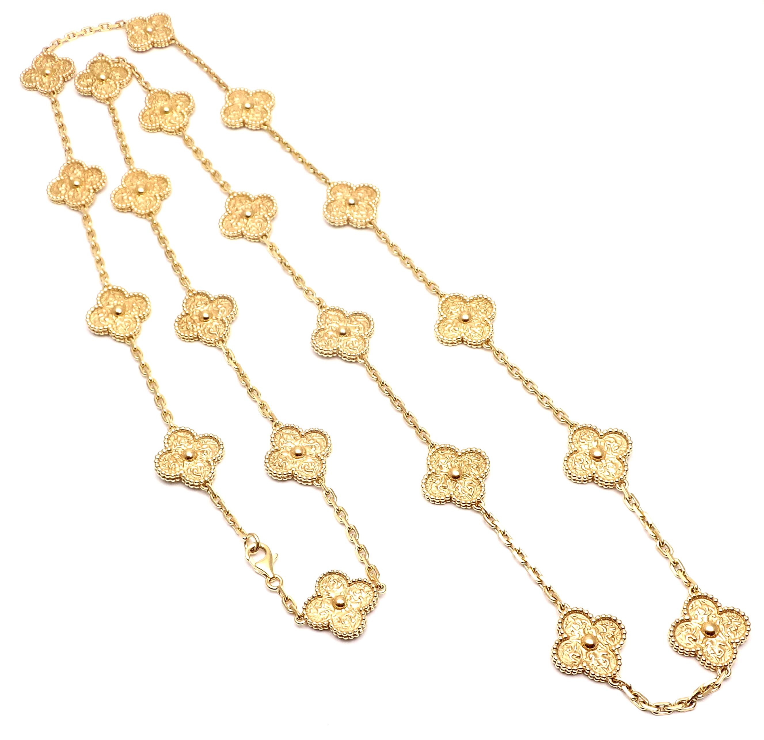 18k Yellow Gold Alhambra 20 Motif Necklace by Van Cleef & Arpels. 
With 20 motifs of 18k yellow gold alhambras 15mm each.
This necklace comes with certificate of authenticity from Van Cleef & Arpels.
Details: 
Length: 34