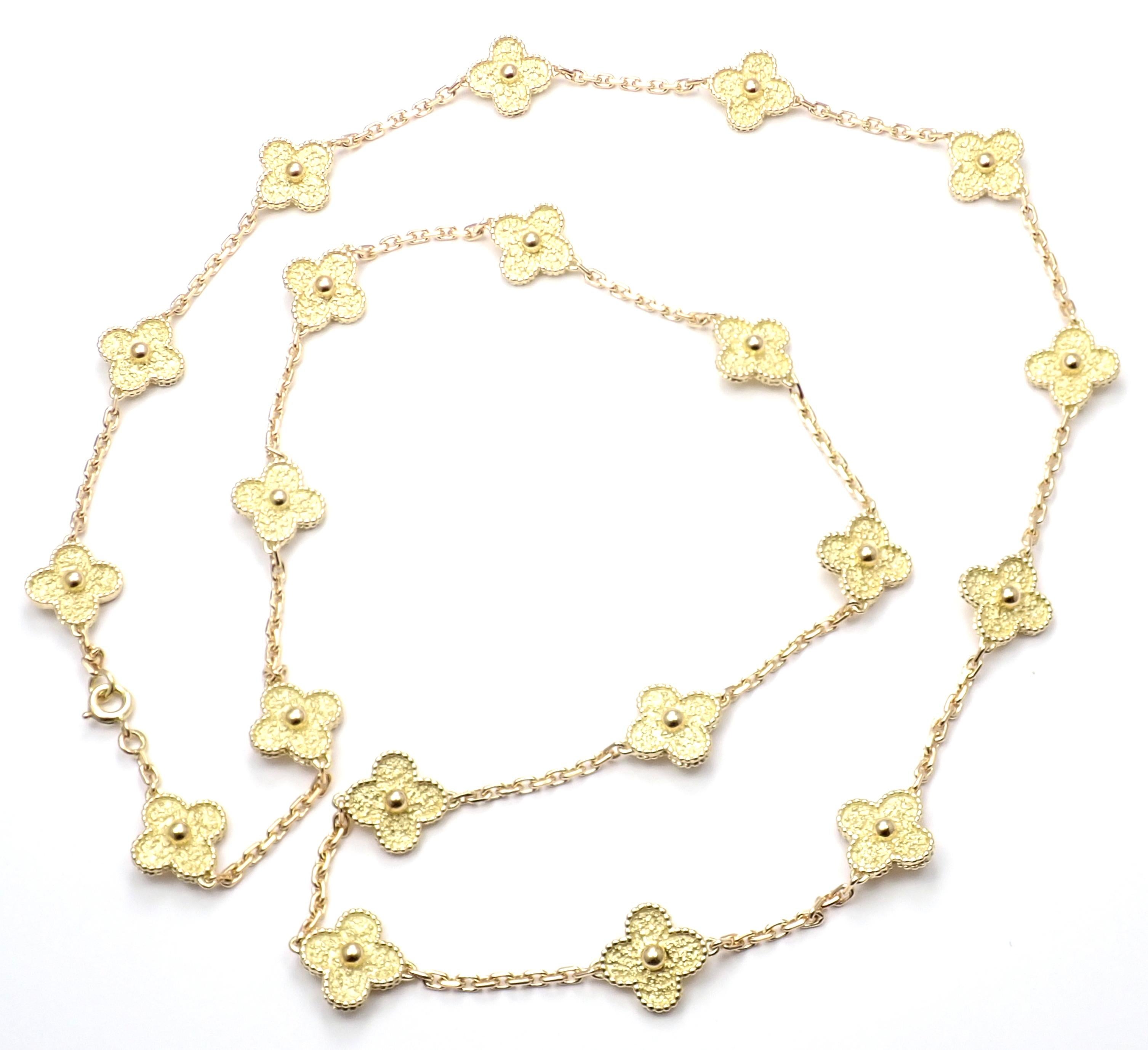 18k Yellow Gold Alhambra 20 Motif Necklace by Van Cleef & Arpels. 
With 20 motifs of 18k yellow gold Alhambras 15mm each.
This necklace comes with service paper from Van Cleef & Arpels store in Japan.
Details: 
Length: 31.5