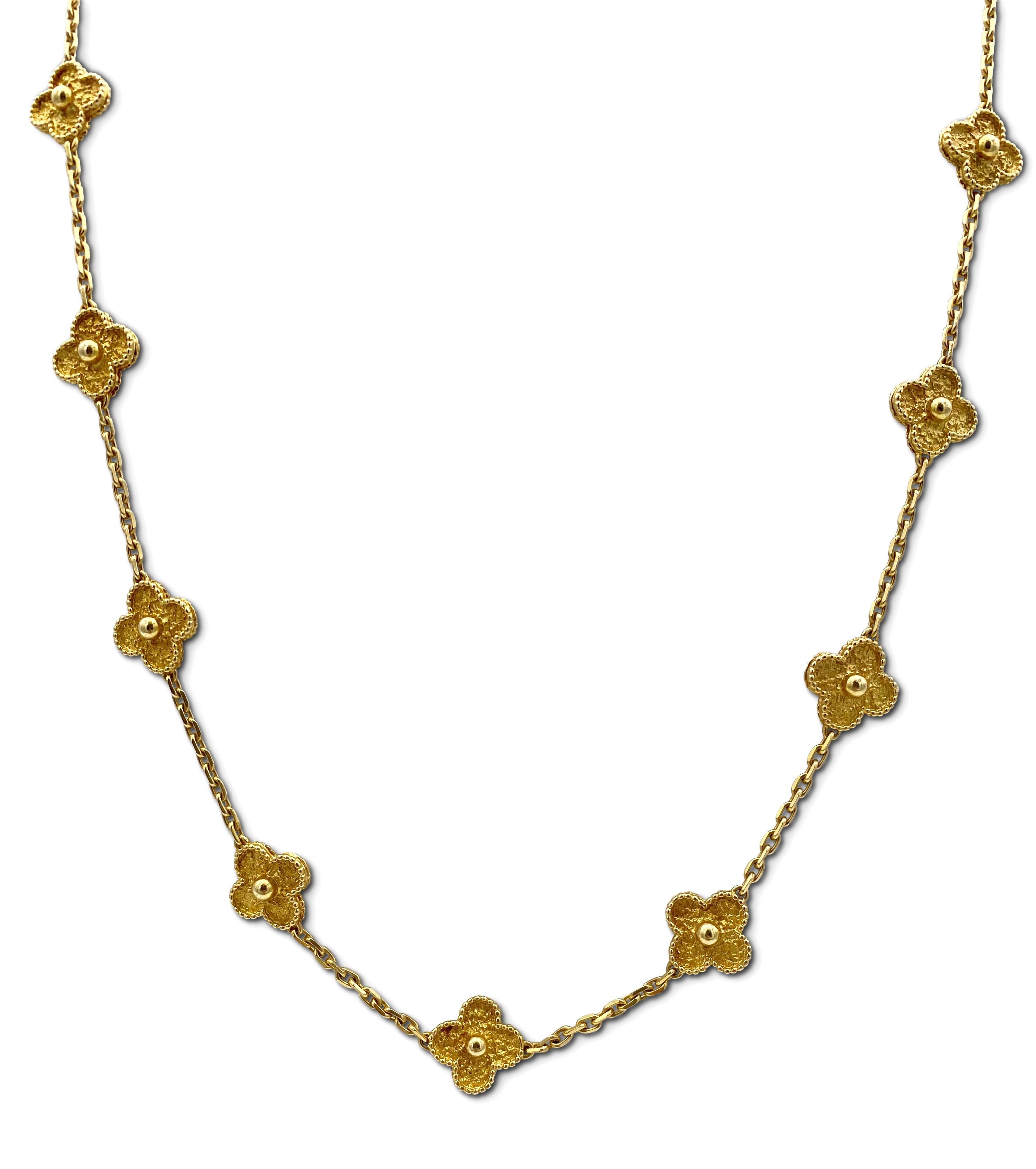 Authentic Van Cleef & Arpels 18 karat yellow gold long necklace featuring 20 clover leaf inspired motifs. The necklace does not come with original Van Cleef & Arpels box or papers. Marked VCA 750, CL 58457

18k Yellow Gold
31.5 in long
Weight: