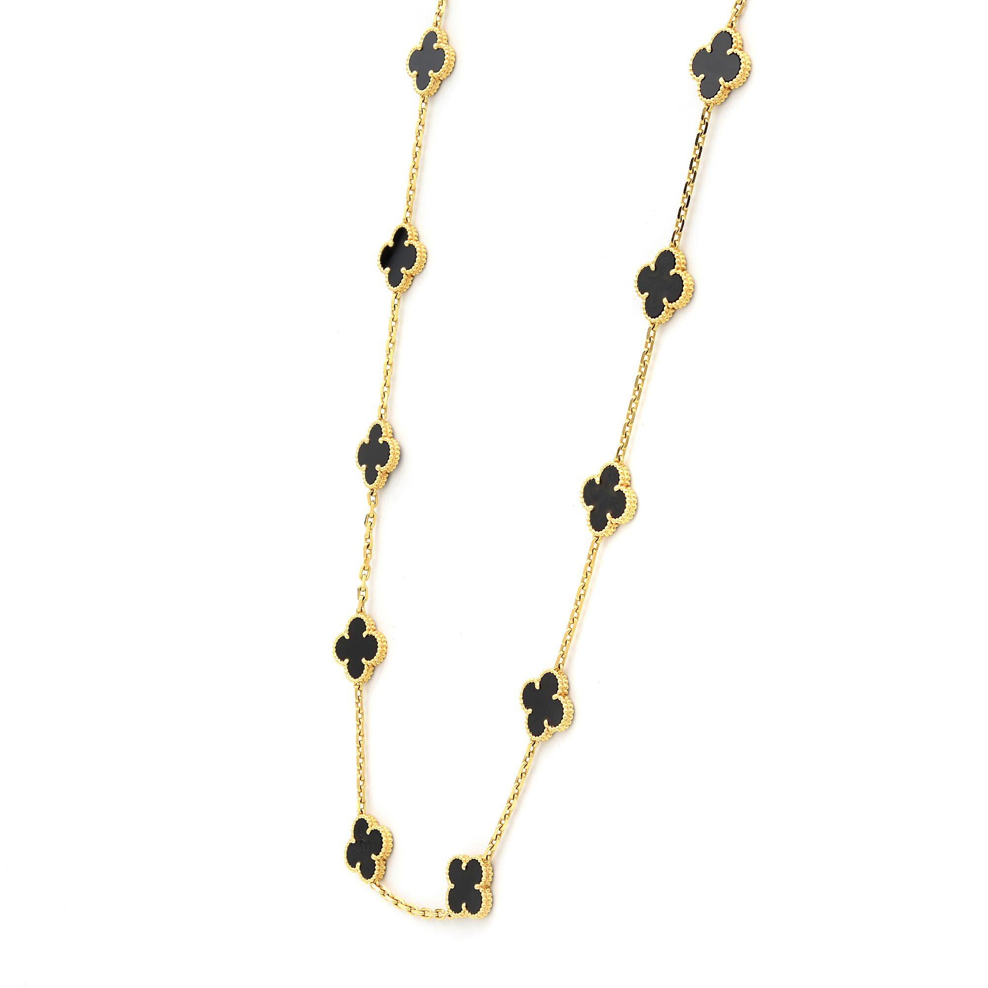 Van Cleef & Arples Vintage Alhambra long necklace, 20 onyx motifs, 18K yellow gold. Necklace Length: 33.6 inches. Each motif is 15mm. Hallmarked clasp yellow gold. This piece is very classic and luxurious, it was inspired by the clover leaf, these