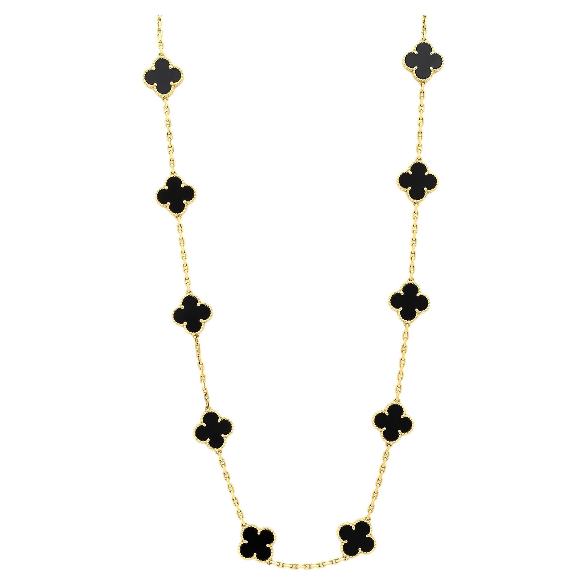 Van Cleef & Arpels Vintage Alhambra Yellow Gold 20 Onyx Motifs Long Necklace