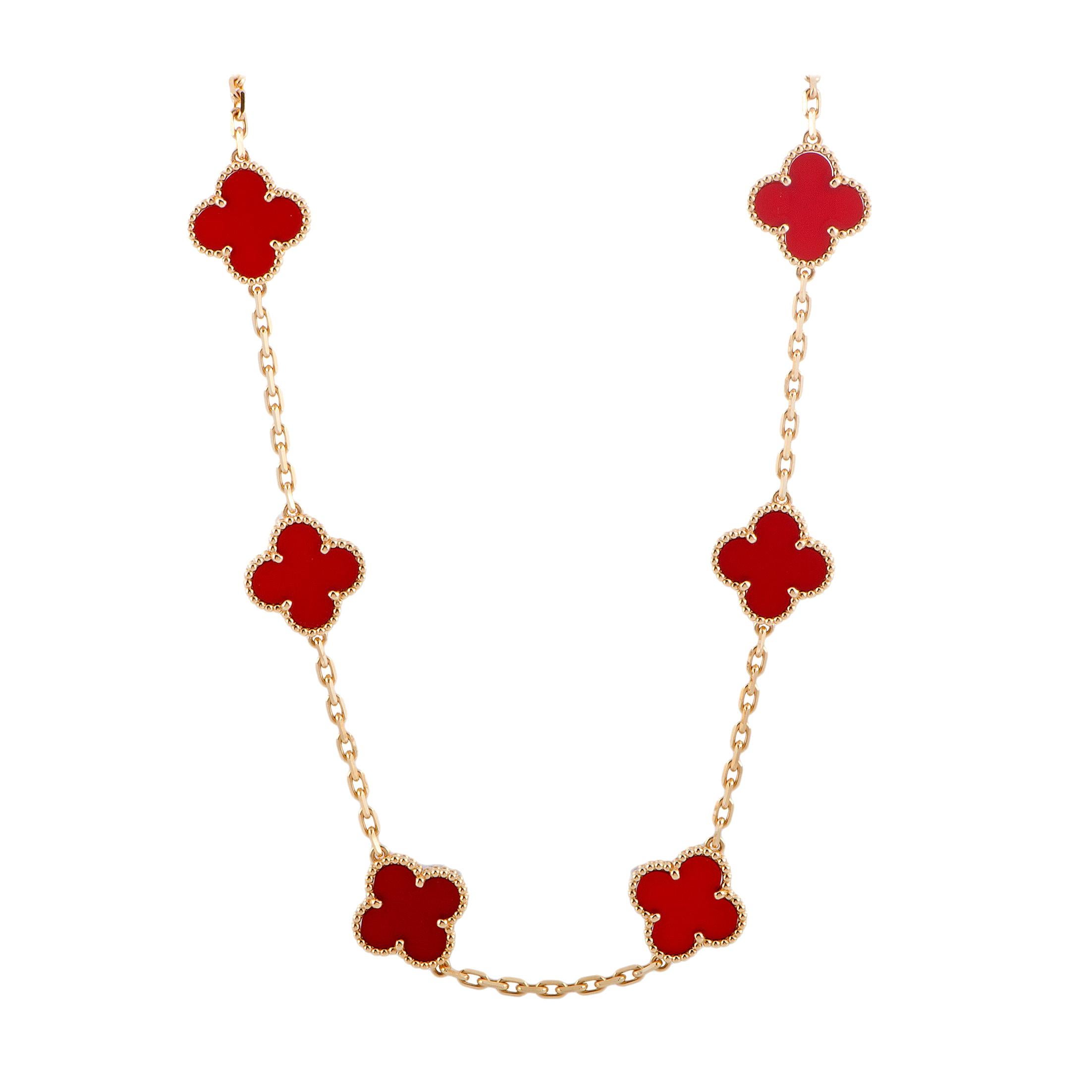 Van Cleef & Arpels Vintage Alhambra Yellow Gold and Carnelian 10 Motif Necklace