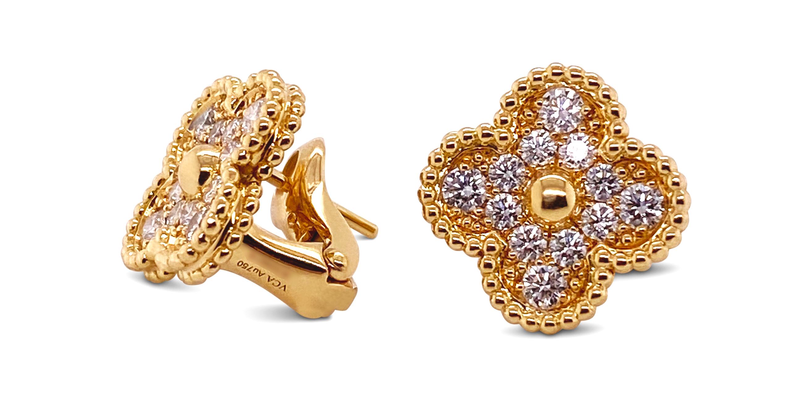 Round Cut Van Cleef & Arpels Vintage Alhambra Yellow Gold and Diamond Earrings