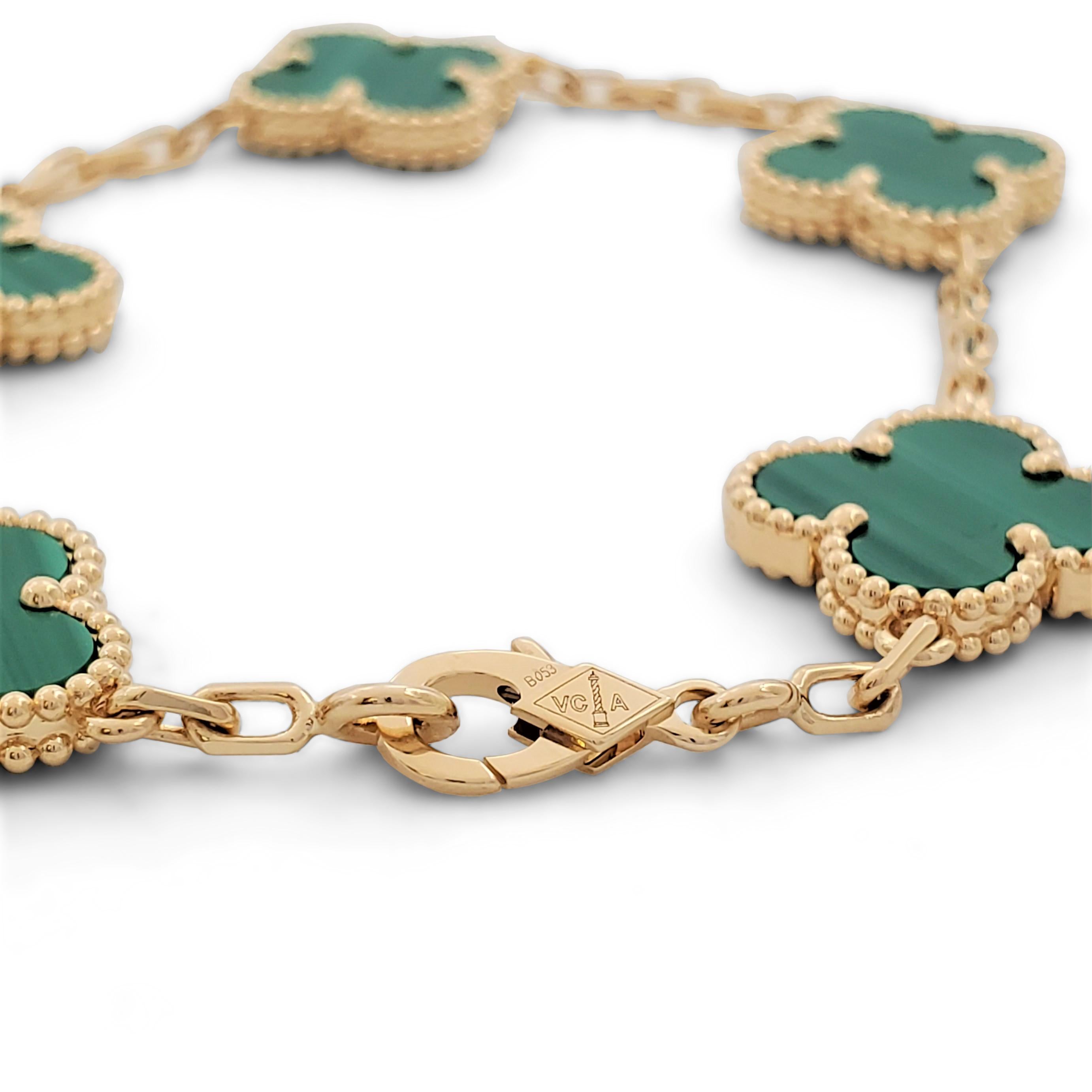 Authentic Van Cleef & Arpels 'Vintage Alhambra' bracelet crafted in 18 karat yellow gold features clover motifs of rock crystal. The bracelet measures 7 inches in length and is signed VCA, Au750, with serial number and hallmarks. The bracelet is