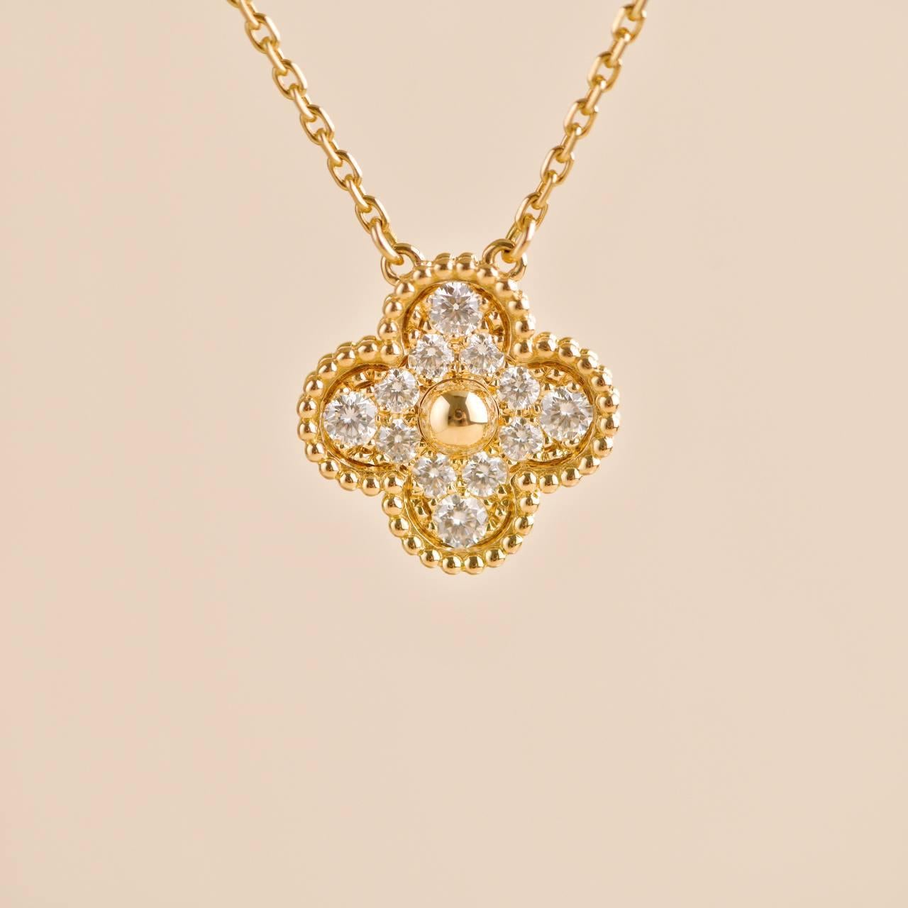 Van Cleef & Arpels Vintage Alhambra Yellow Gold Diamond Paved Pendant In Excellent Condition For Sale In Banbury, GB