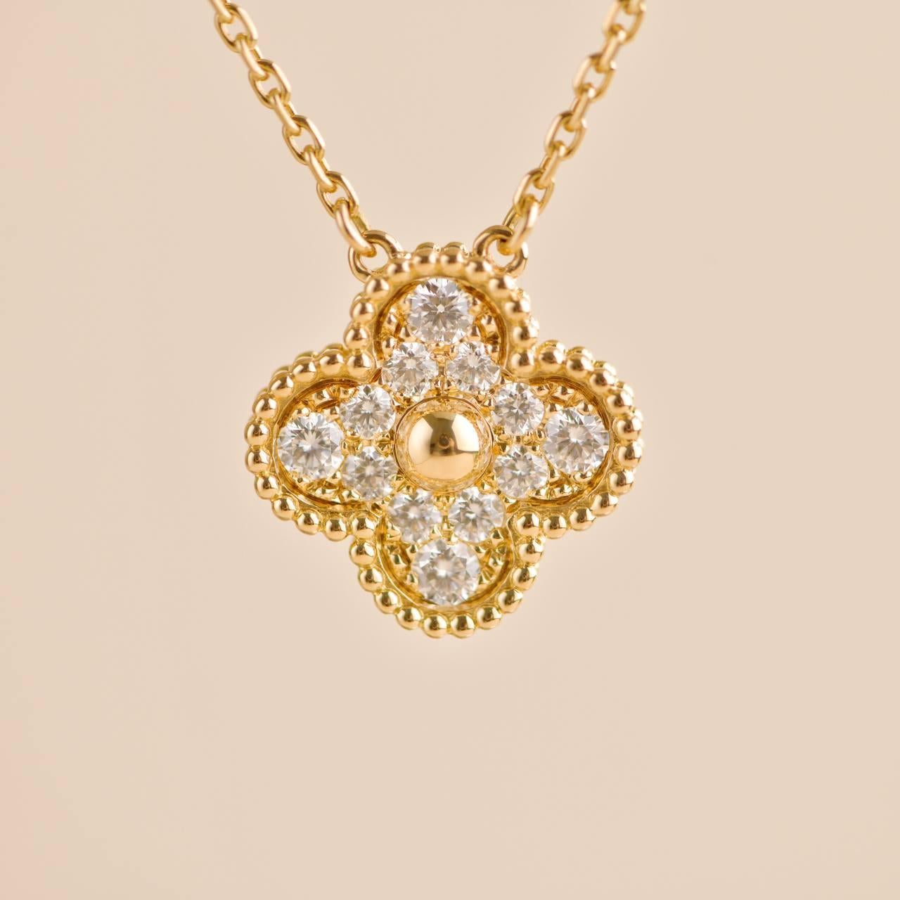Women's or Men's Van Cleef & Arpels Vintage Alhambra Yellow Gold Diamond Paved Pendant For Sale