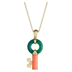 Van Cleef & Arpels Vintage Chrysoprase Coral Diamond Gold Key Pendant Necklace