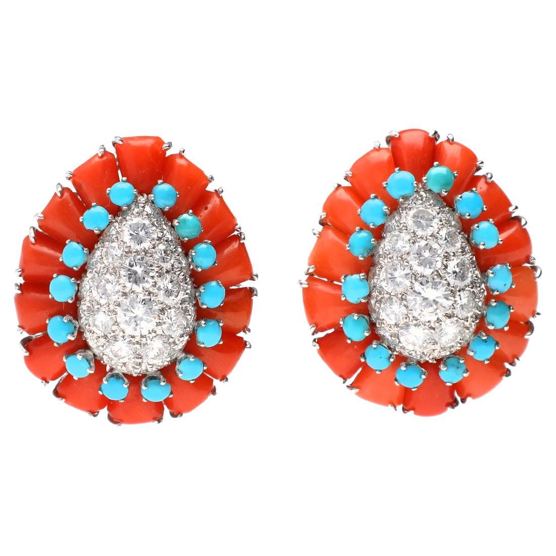 Van Cleef & Arpels Vintage Coral Diamond Turquoise Earclips