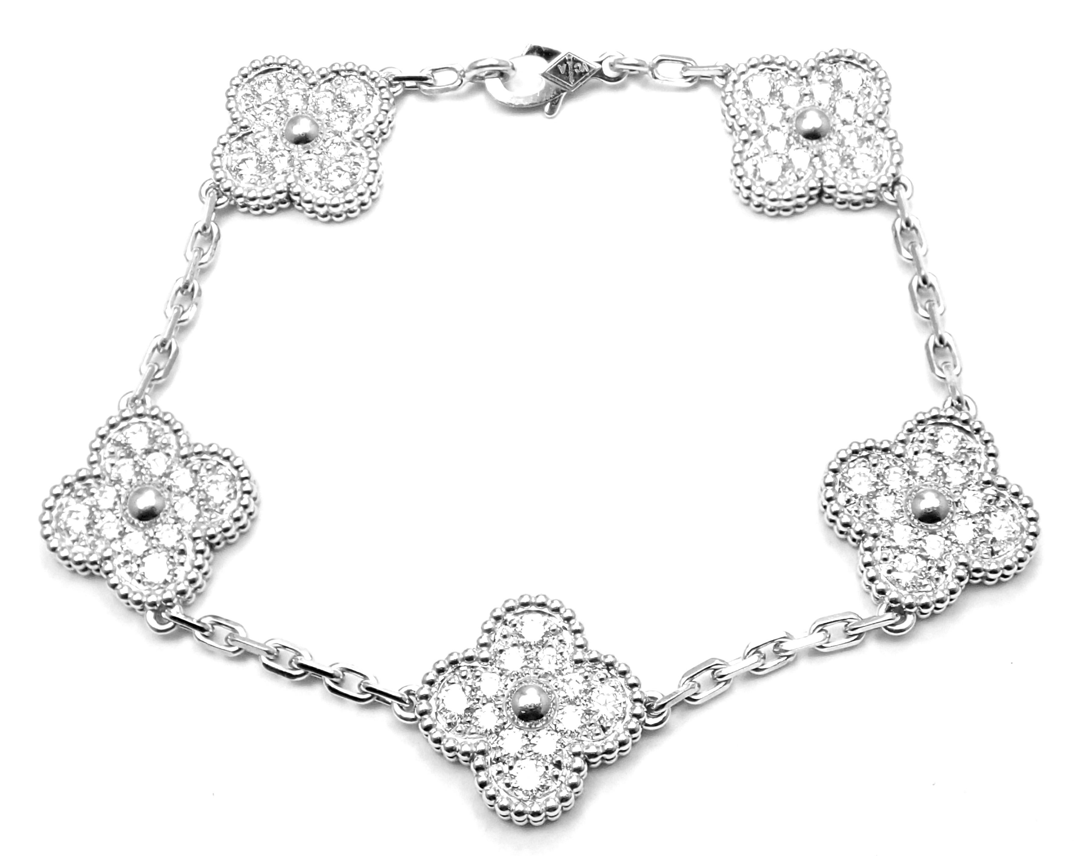 18k White Gold Diamond Vintage Alhambra Bracelet by Van Cleef & Arpels.
With 60 round brilliant cut diamonds VVS1 clarity, E color total weight approximately 2.42ct
This bracelet comes with Van Cleef & Arpels box and certificate of authenticity from