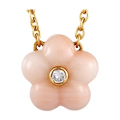 Van Cleef & Arpels Vintage Diamond and Coral Gold Flower Pendant Necklace