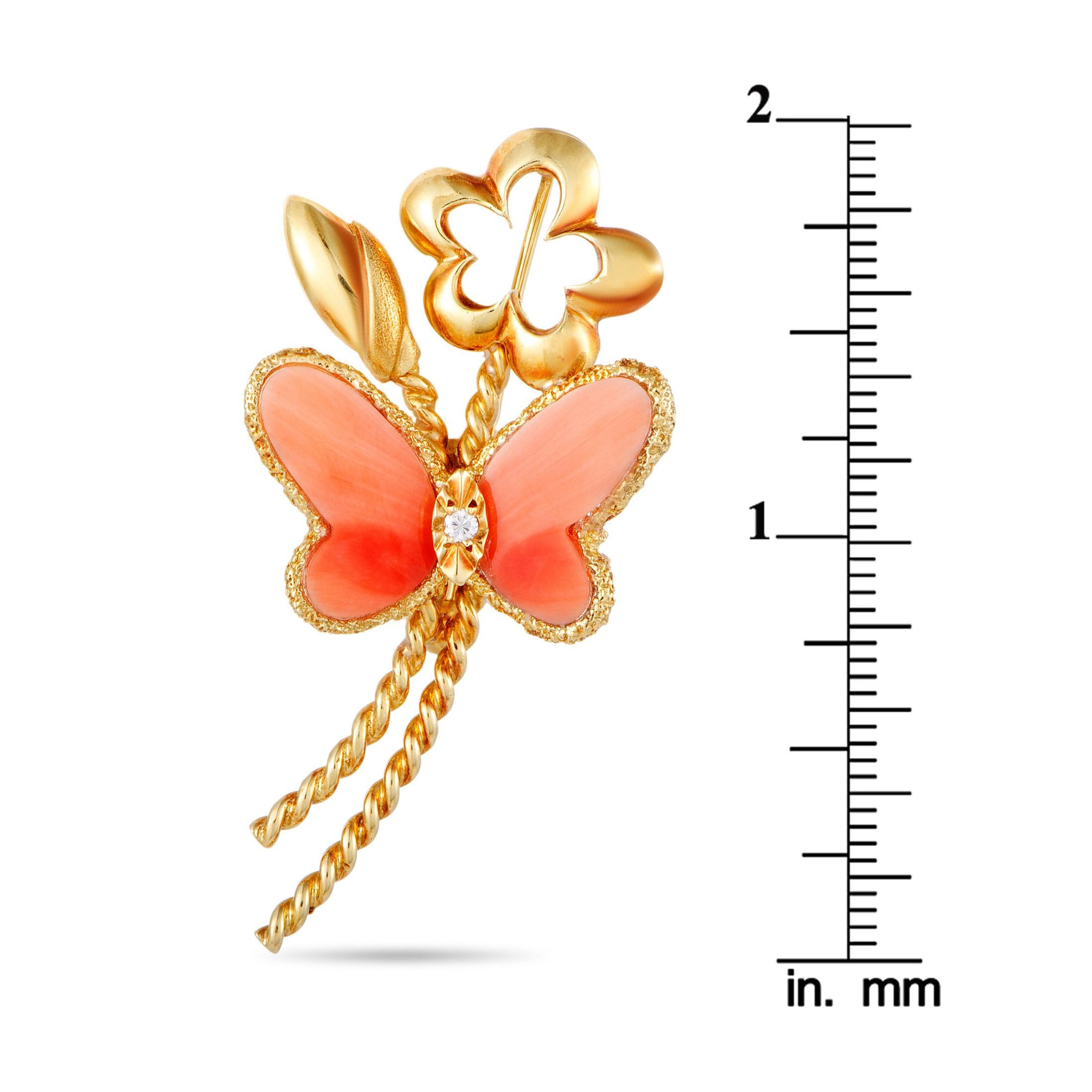 Women's Van Cleef & Arpels Vintage Diamond and Coral Yellow Gold Butterfly Brooch