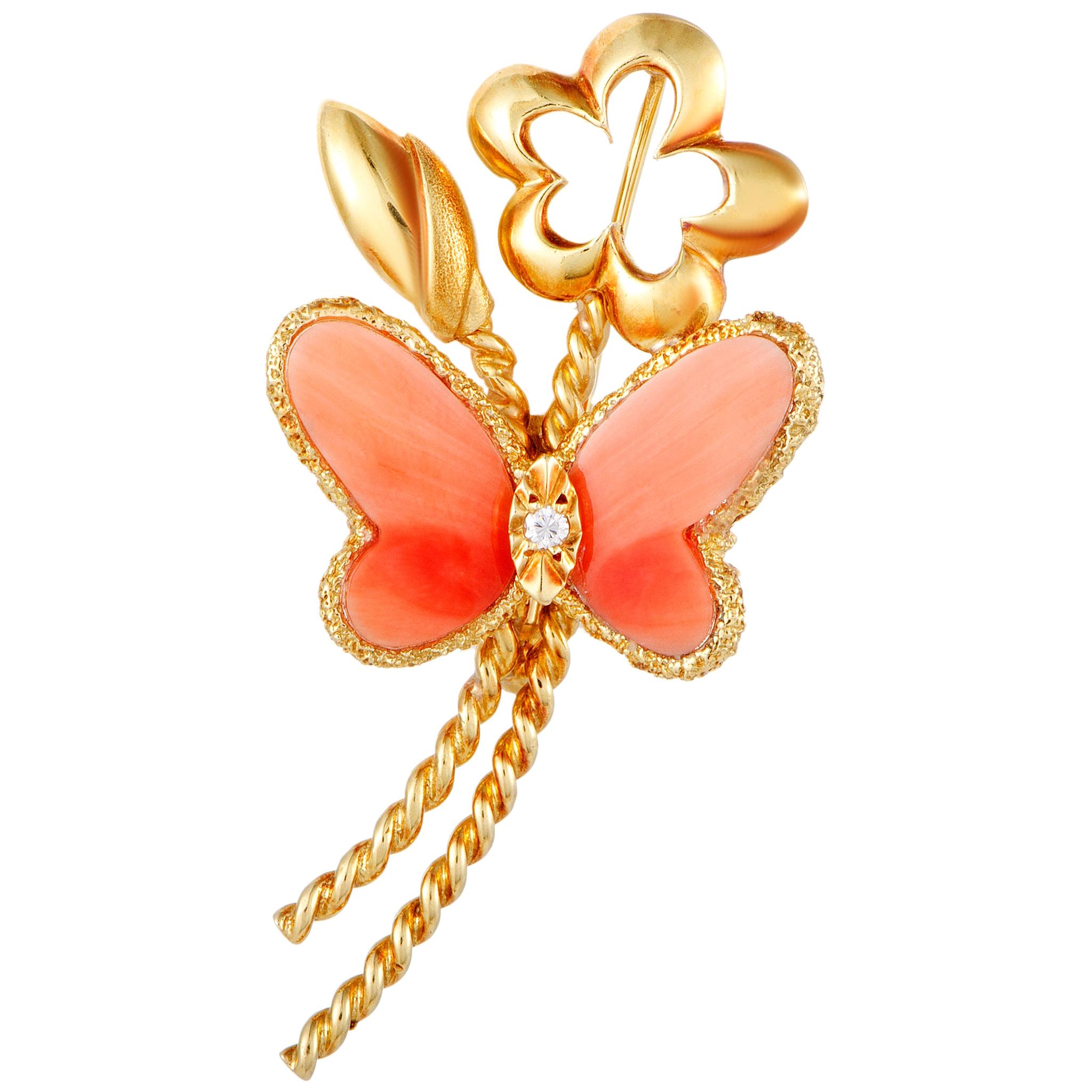 Van Cleef & Arpels Vintage Diamond and Coral Yellow Gold Butterfly Brooch