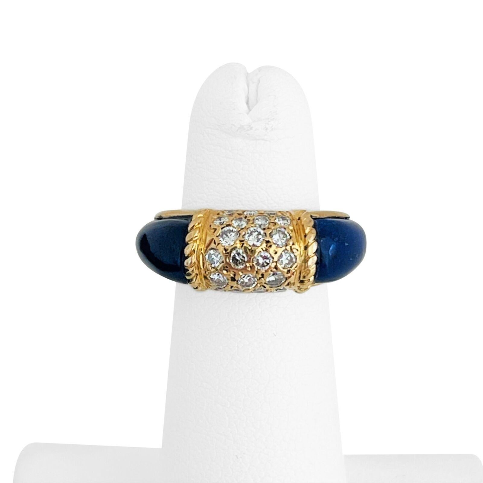 Van Cleef & Arpels Vintage Diamond and Lapis Lazuli Philippine Ring Size 3

Condition:  Very Good
Metal:  18k Gold (Marked, and Professionally Tested)
Weight:  7g
Width:  8mm at face, 2.5mm at back
Diamonds:  24 Round Brilliant Diamonds