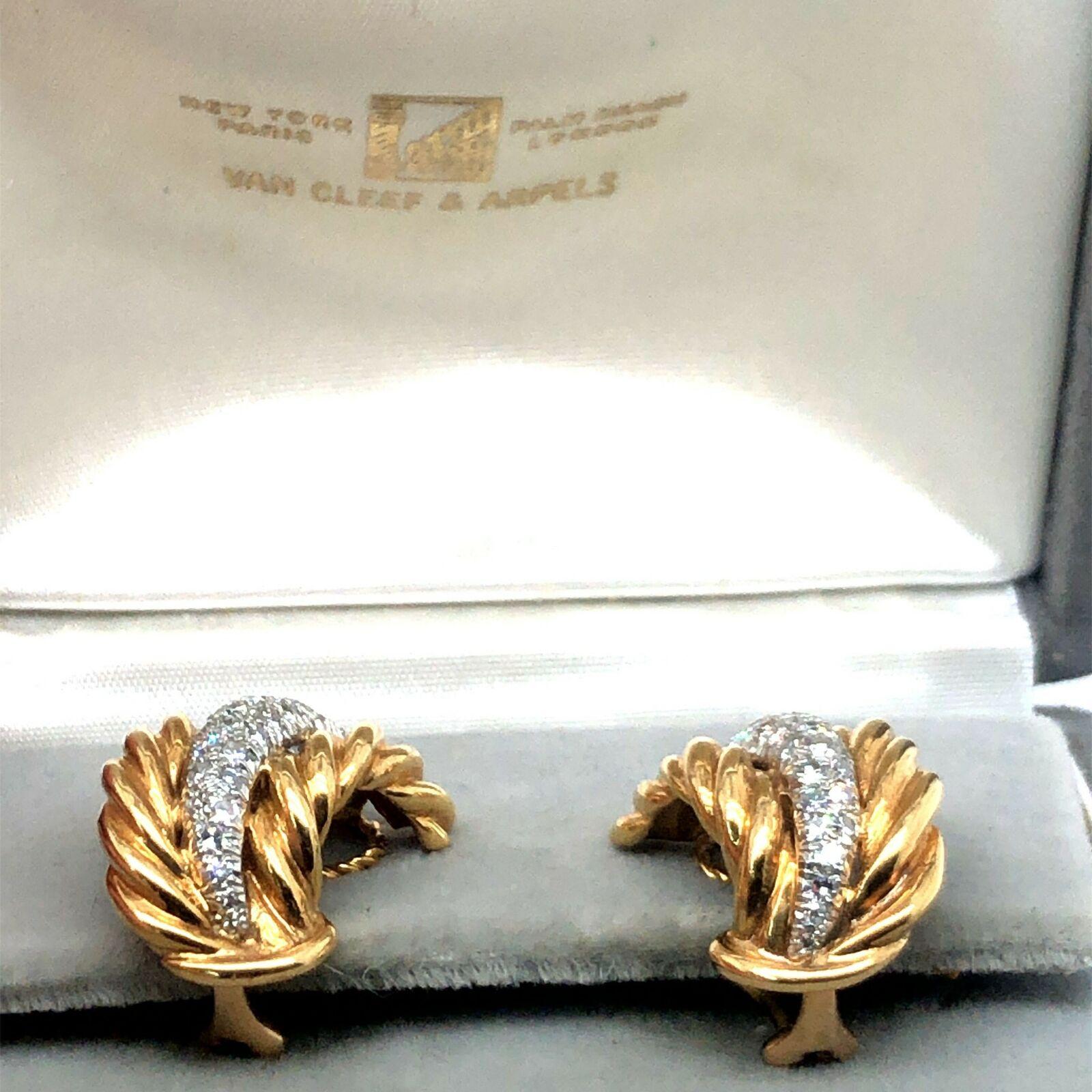 Women's Van Cleef & Arpels Vintage Diamond Clip On Earrings 18k Yellow Gold and Platinum