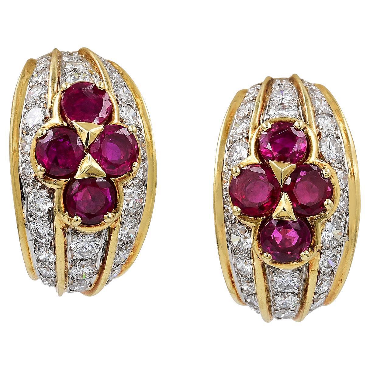 Van Cleef & Arpels Vintage Diamond Demi Hoop Button Earrings For Sale