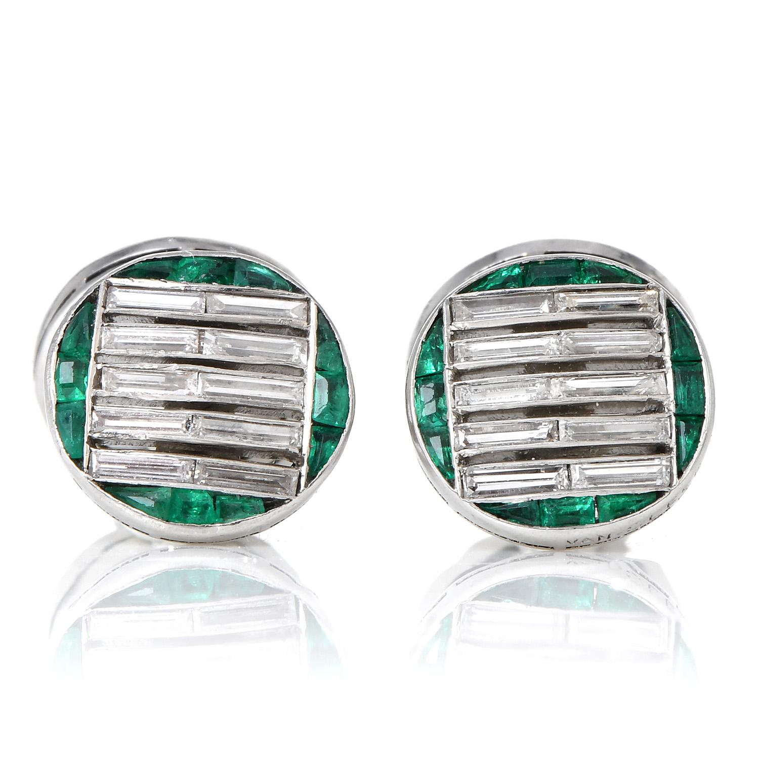 An Antique Art Deco piece from the House of Van Cleef & Arpels. 

Vie to relive the past in these Exquisite, circa 1940s cufflinks

Crafted in luxurious Platinum.  From the rounded shape to the geometrical

Patterned center, these cufflinks scream